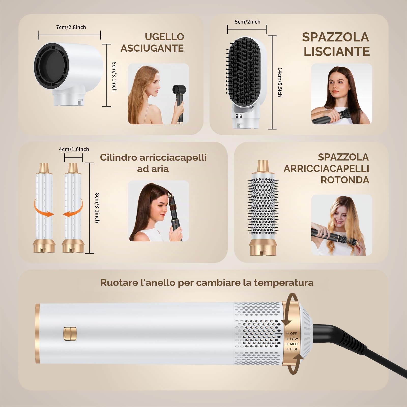Set di styler per capelli 5 in 1, con asciugacapelli, 5 in 1, con spazzola rotonda, per capelli ad aria calda, asciugacapelli, ferro arricciacapelli, spazzola termica ad aria, per lisciare, asciugare