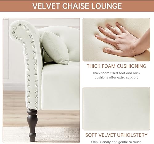 Miniatura 9 de Chaise Lounge - Silla de terciopelo para interiores con almohada, con botones copetudos, brazo derecho, con ribete de cabeza de clavos y patas