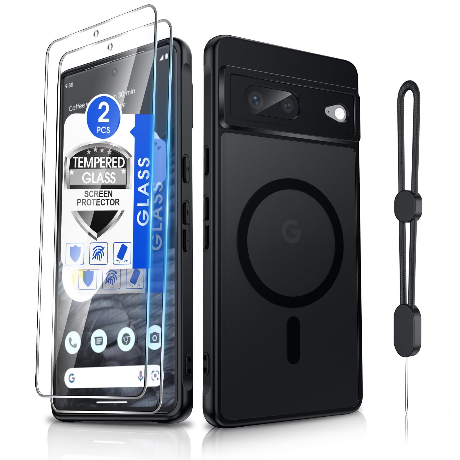 Dizn for Google Pixel 7 Case:with [2 Pack]Tempered Glass Screen Protector,Strap,[Fit for MagSafe],Matte Translucent Cover &amp; Military Grade Anti-Scratch Protective,for Google Pixel 7 Phone Case,Black