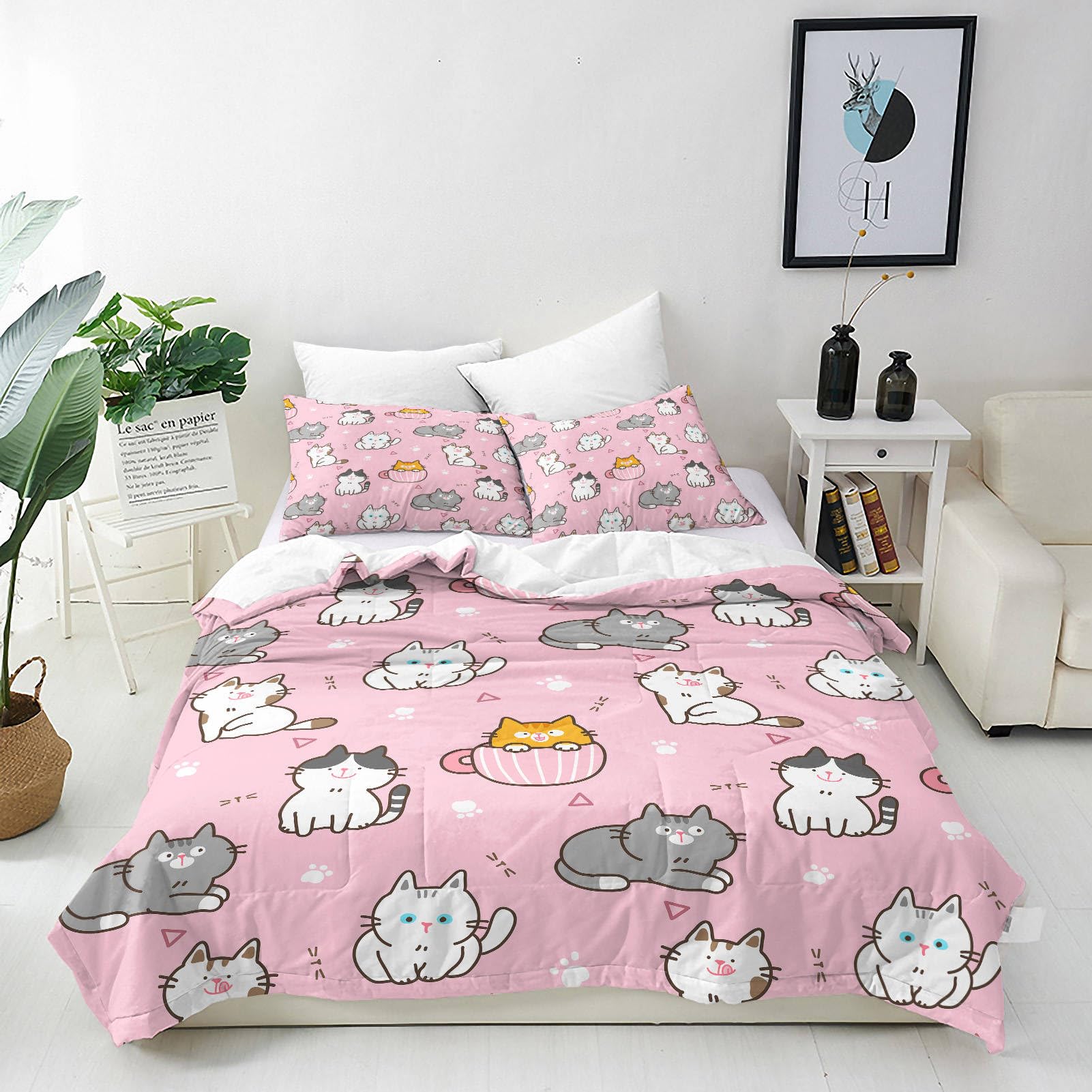 ANHOPE Cat Duvet Cover Set Soft Lightweight Microfibre 3 Piece Bedding Set with 2 Pillowcase Cute Cartoon Animal Cat Print Pattern Kids Boys Girls Adults Quilt Cover with Zipper Closure Super King