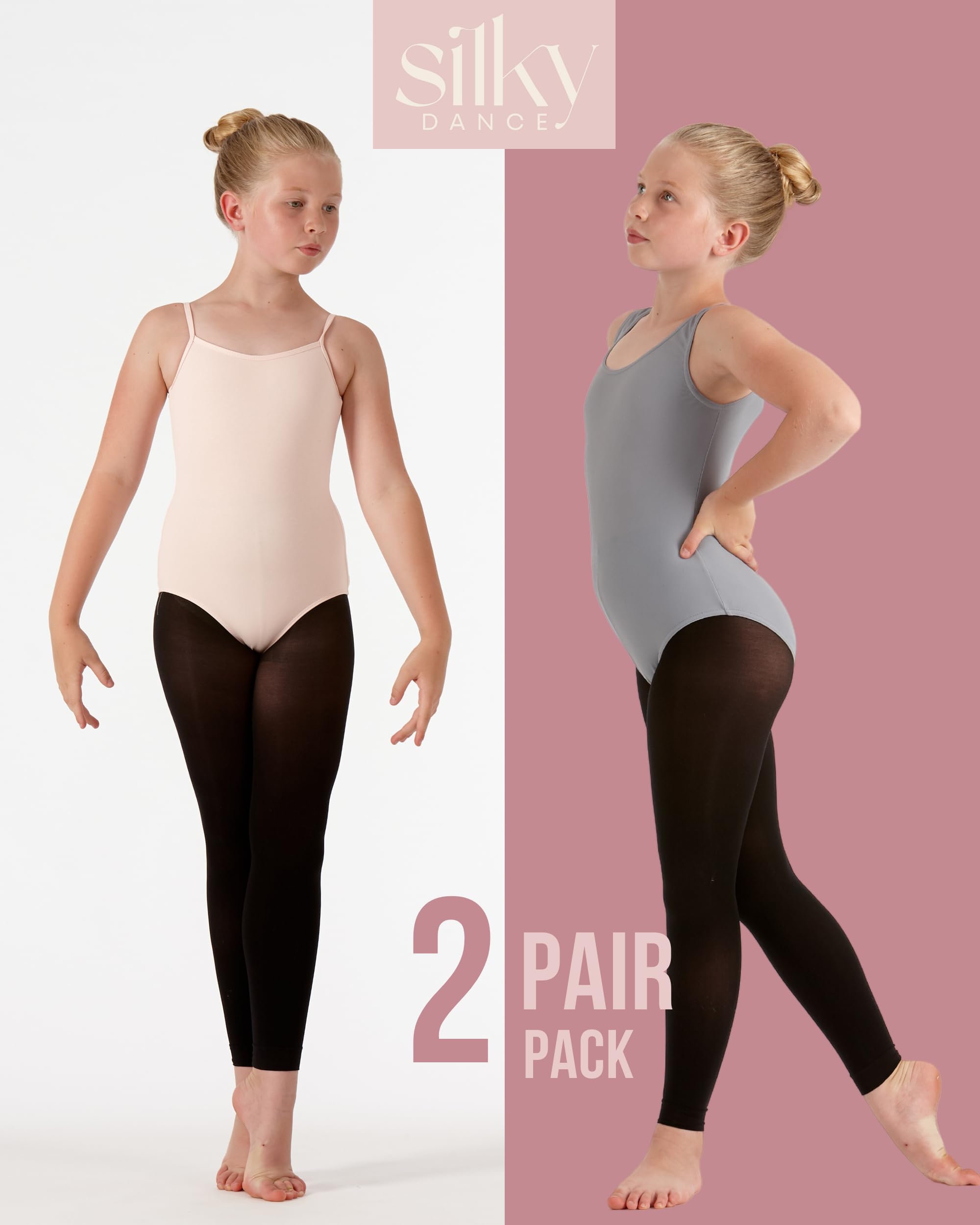 Lot de 2 paires de collants de danse sans pieds 60 deniers pour filles, enfants, tout-petits, adultes, femmes, en noir, bronzage clair et rose