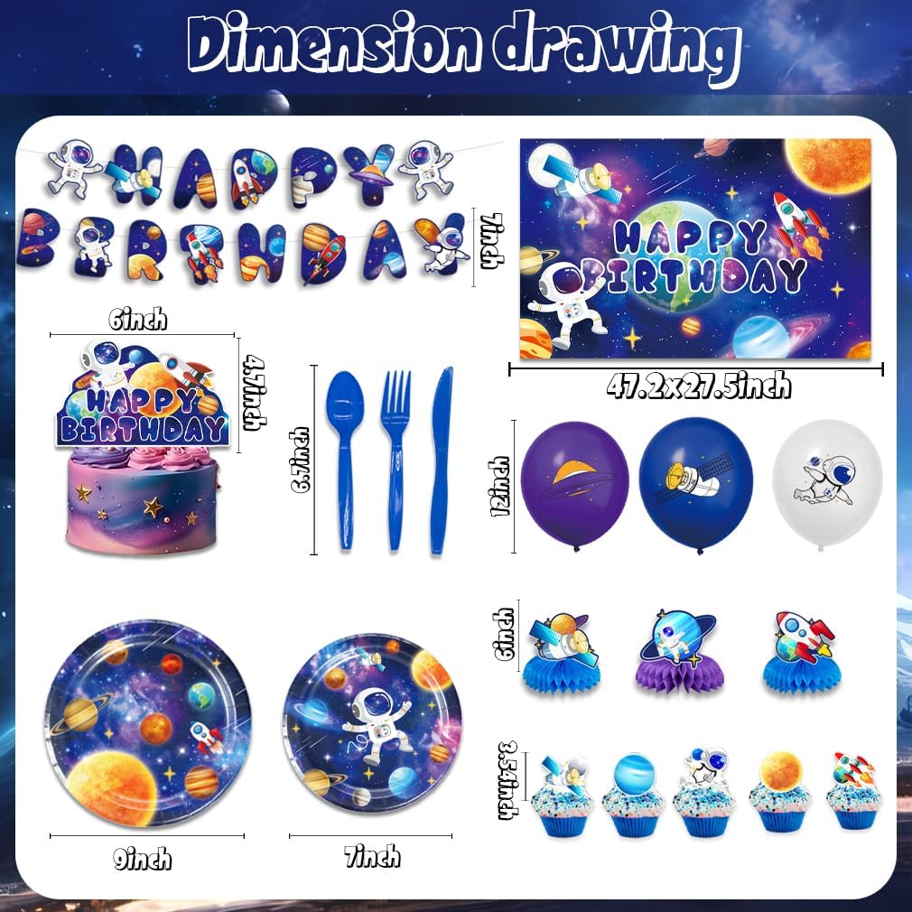 145Pcs Space Decoration Solar System Tableware Set Serves 20 Guests Astronauts Tablecloth Plates Cutlery Birthday Banner Balloons Space Birthday Decorations