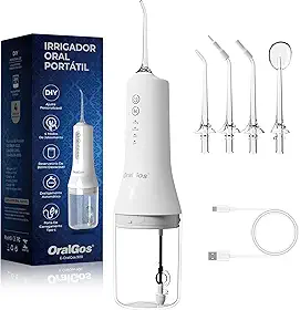 OralGos Irrigador Dental Portatil 260ML, 4 Modos de Jato, 4 Bicos, Limpeza Profunda dos Dentes e Gengivas, Elétrico, Recarregável, À Prova d’Água IPX7 (Branco)