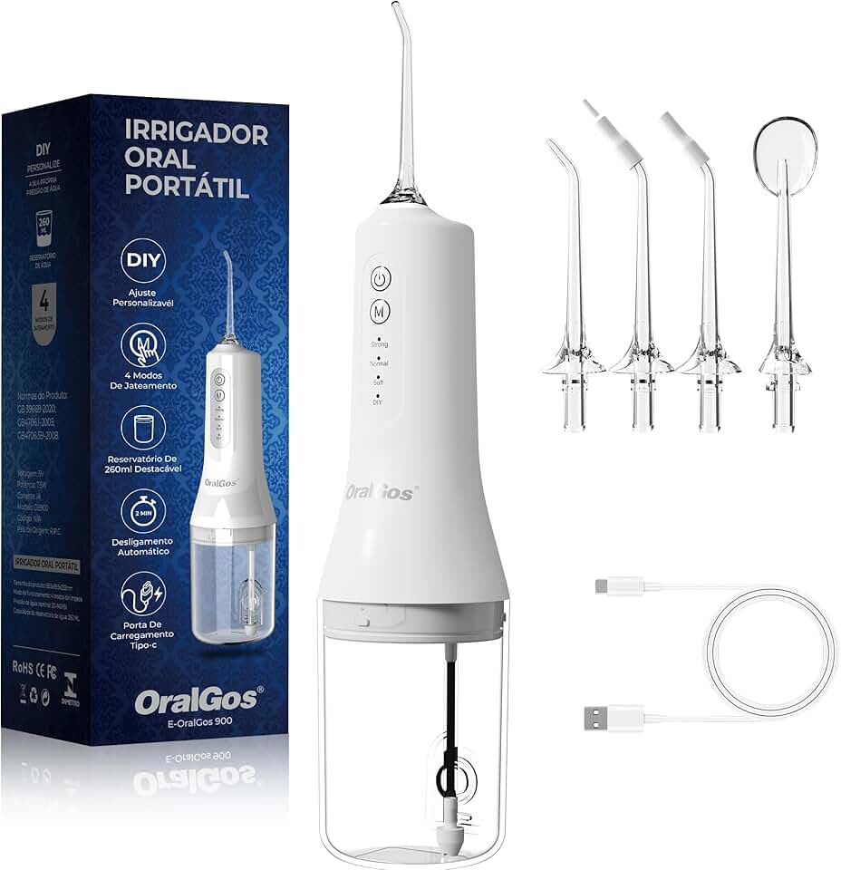 OralGos Irrigador Dental Portatil 260ML, 4 Modos de Jato, 4 Bicos, Limpeza Profunda dos Dentes e Gengivas, Elétrico, Recarregável, À Prova d’Água IPX7 (Branco)
