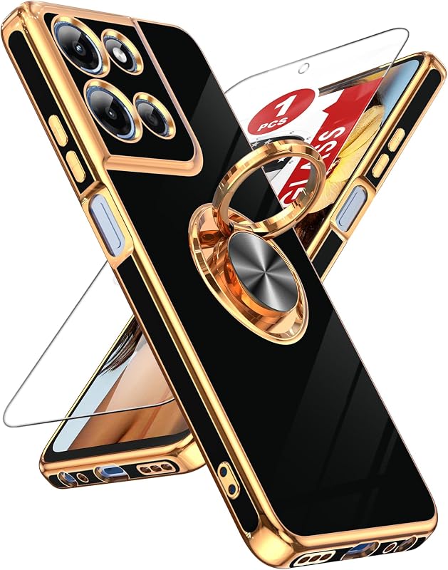 LeYi Funda para Moto-G-2026 con Soporte Magnético Giratorio 360, Negro | Funda para teléfono Motorola G Play 2026 con protector de pantalla de vidrio templado, protección de borde chapada en oro rosa, TPU suave