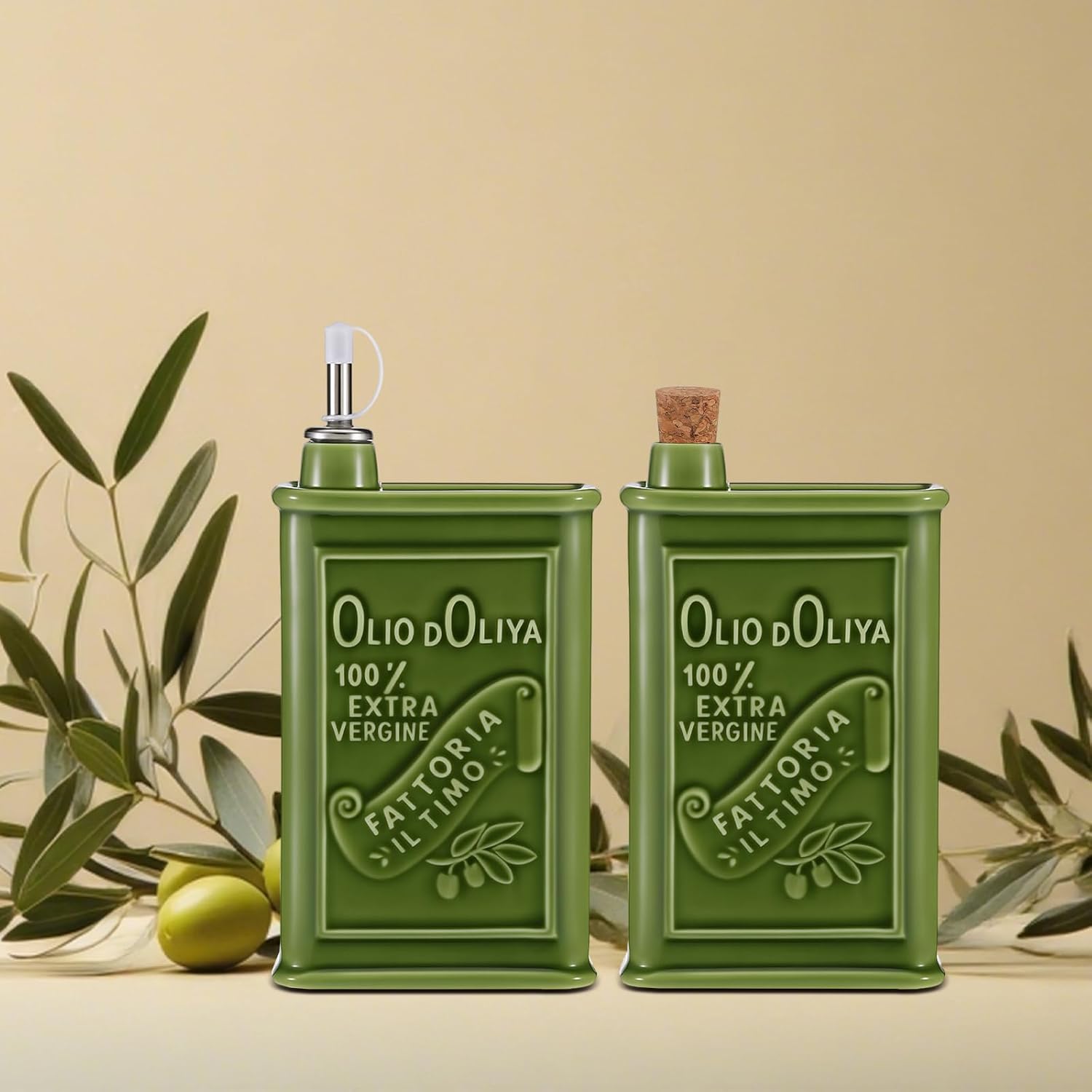 Remerry 2pcs Olive Oil Can Container 24 oz Ceramic Olive Oil Dispenser Bottle for Kitchen with Spout and Wooden Cork Suitable for Vinegar, Coffee Syrups & Other Liquids