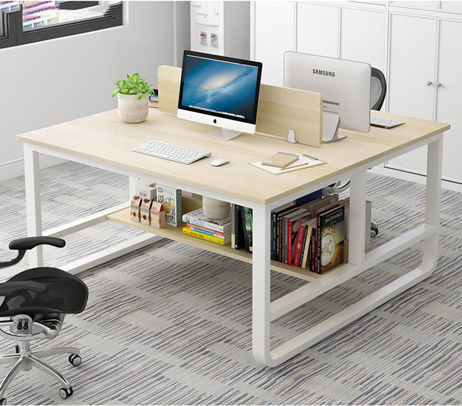 Double Desk for Two People, 47 Inch Two Person Desk - Double Computer Desk with Partition and Storage Shelves, Long Office Writing Table Computer Workstation for Home Office (White)