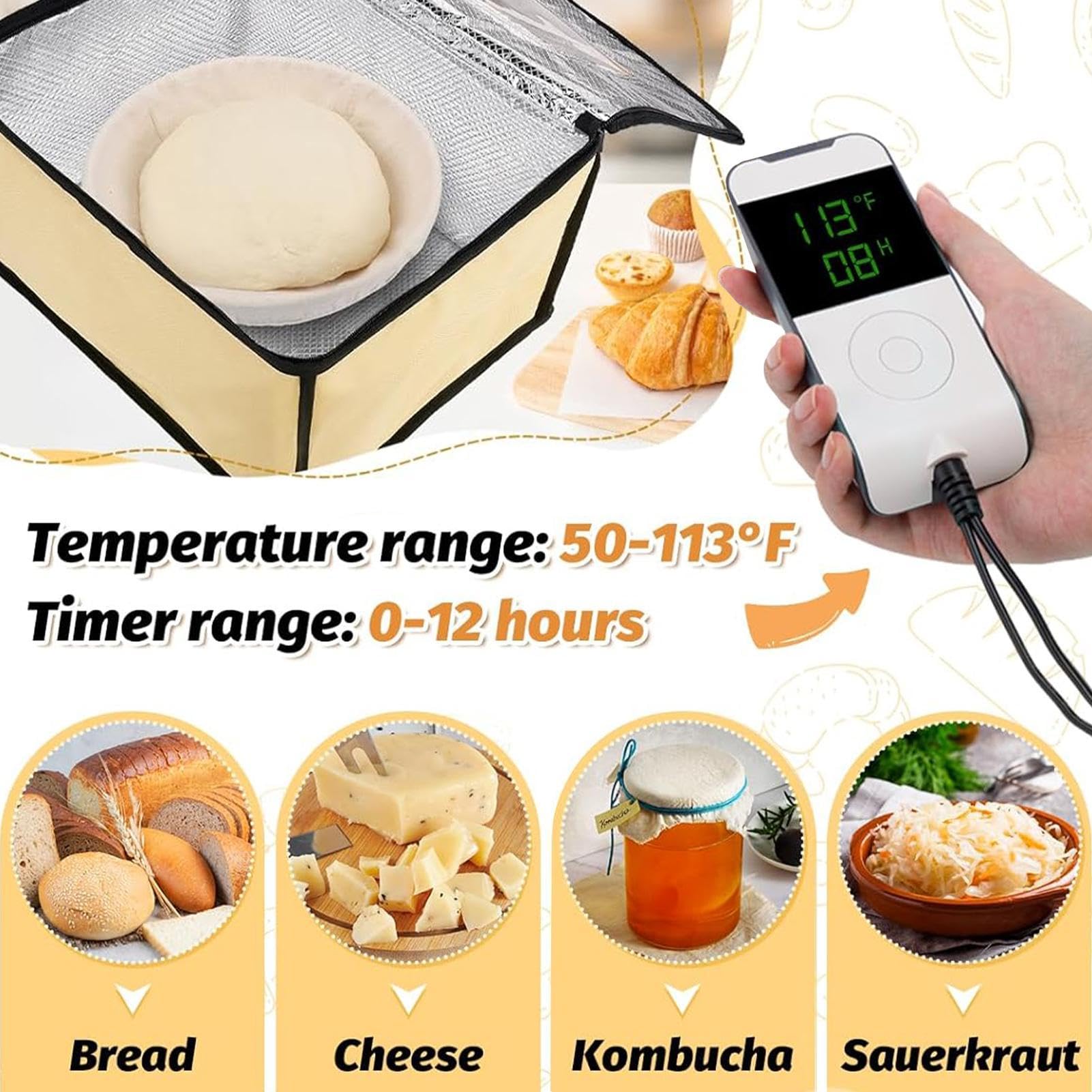 Brot-Gärschrank, Brot-Gärkasten Tragbare faltbare Brotwärmbox | Temperatursensor und Timer-Backzubehör, Fermentationsausrüstung mit Reißverschluss für die Herstellung von Brot--