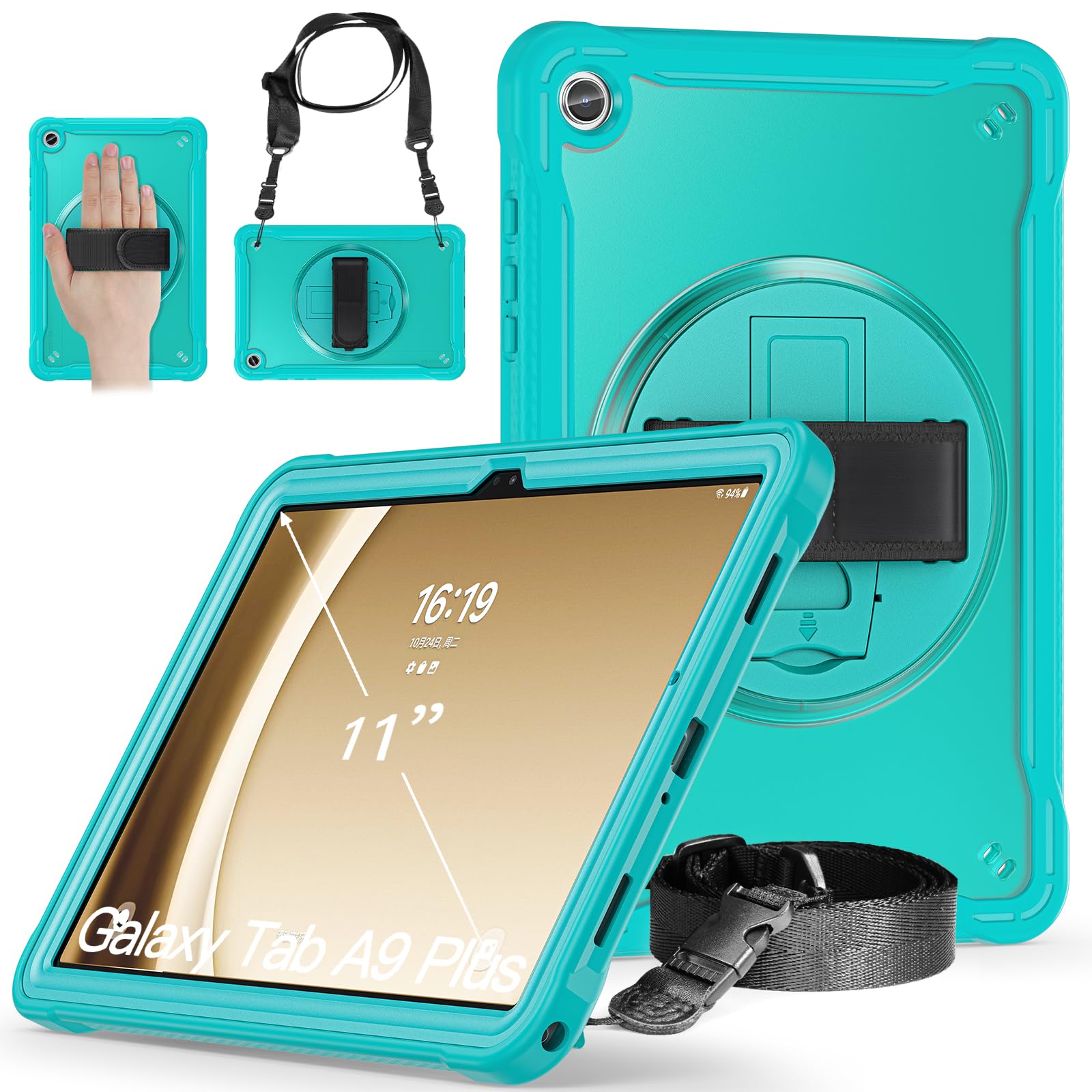 Junfire Clear Case for Galaxy Tab A9 Plus 11-inch 2023, Rugged Shockproof Slim Hard Samsung A9+ Case with 360°Rotating Kickstand/Hand Strap/Shoulder