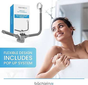 Bächlein Pop-up Drain for The Bathtub, pop-up Function with Sieve for a Clean Bathtub Drain, Complete kit with Flexible Overflow, Overflow Cover and Siphon
