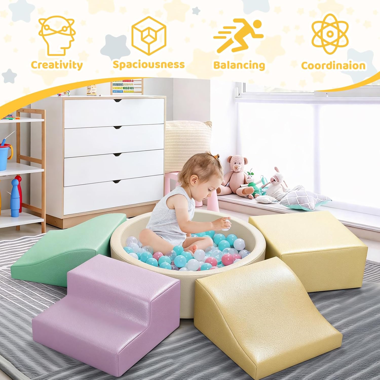 Foam Climbing Blocks for Toddler: with 4-Piece PU Leather Climbing Toys and a Ball Pit - Foam Ball Pit for Toddlers - Climbing Toys Indoor for Kids Crawling (Yellow Climbing Blocks)