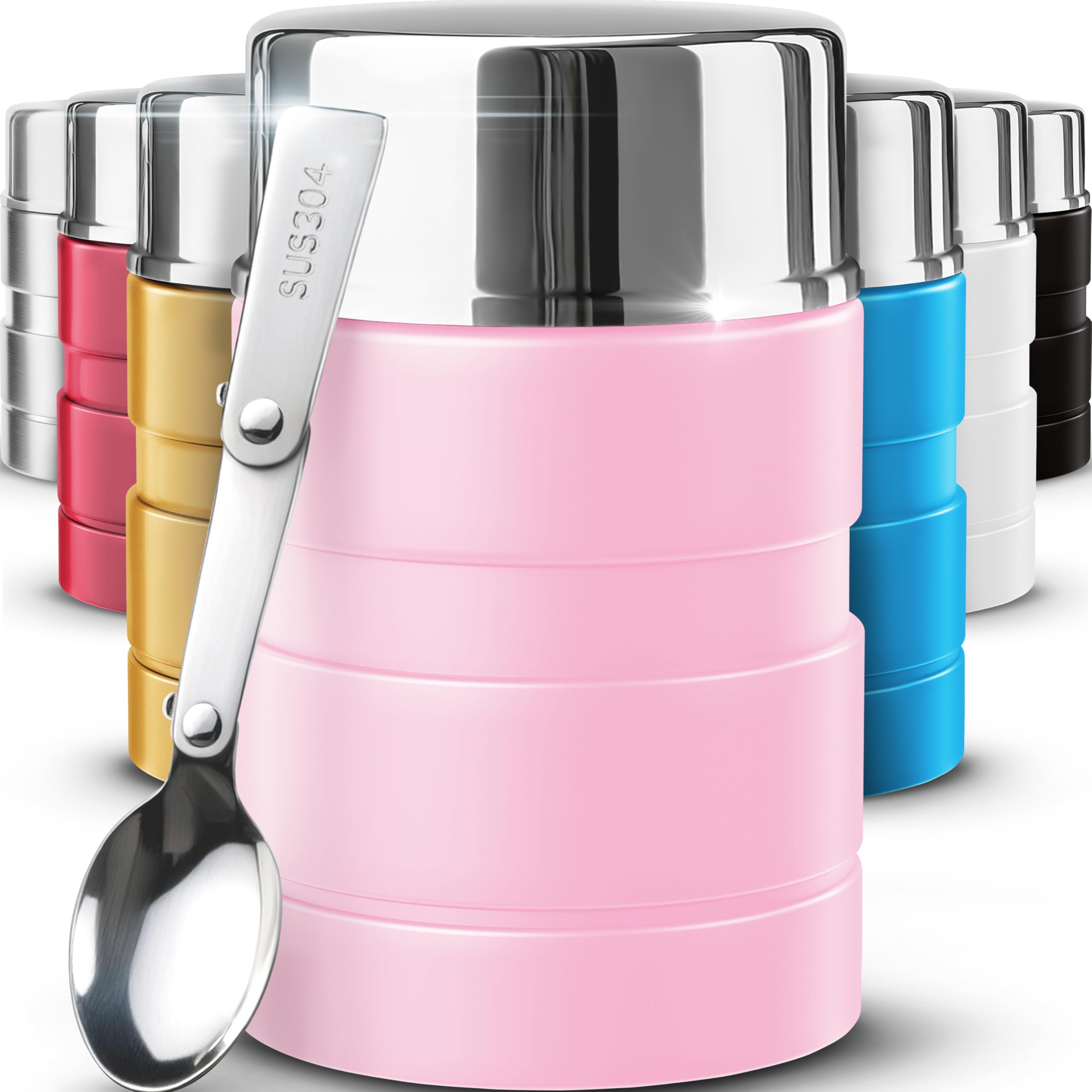 Earth&ME Stainless Steel Thermo For Hot Food 17OZ with Folding Spoon, Vacuum Insulated Food Container, Soup Thermo with Wide Mouth, Insulated Food Jar for Hot & Cold Food, Pink
