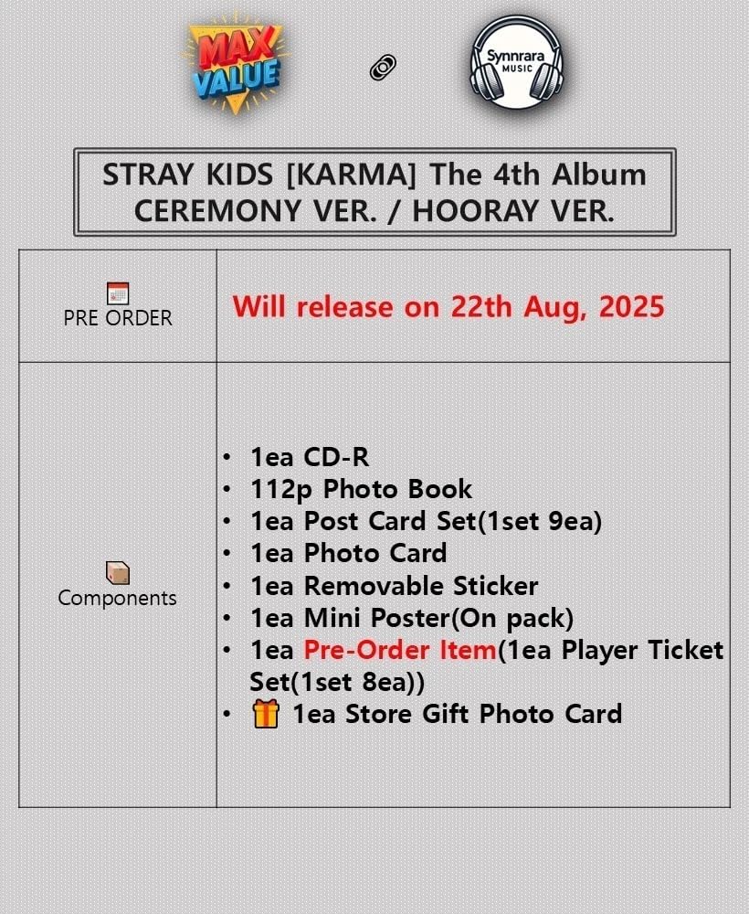 HOORAY. STRAY KIDS KARMA The 4th Album STANDARD. Photo Book+10 Card+Sticker+Poster+POB+GIFT