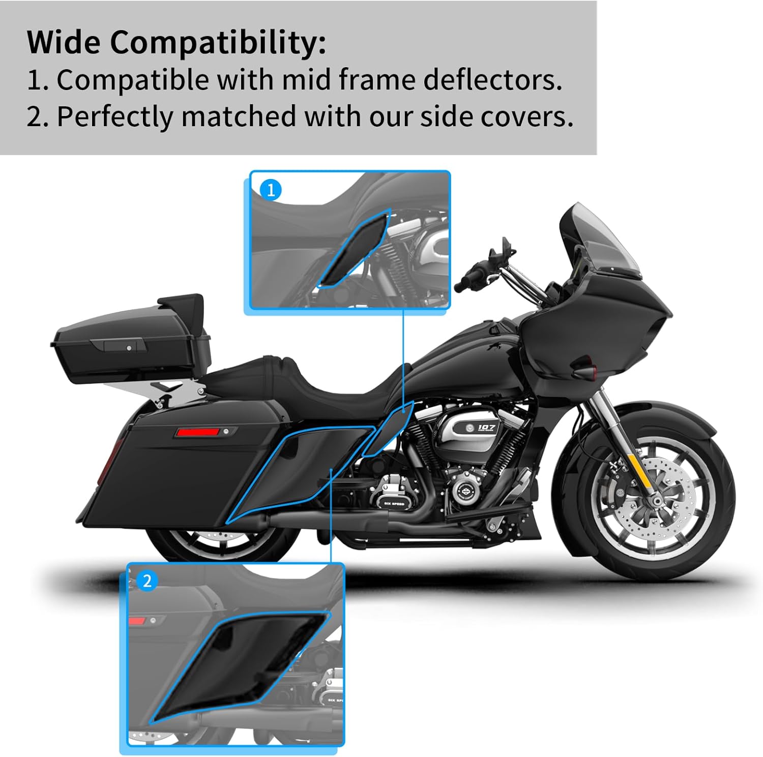 Motorcycle Stretched Tank Covers Gallon Fuel Shrouds Fit for 2009+ Harley Touring FLH - Vivid Black