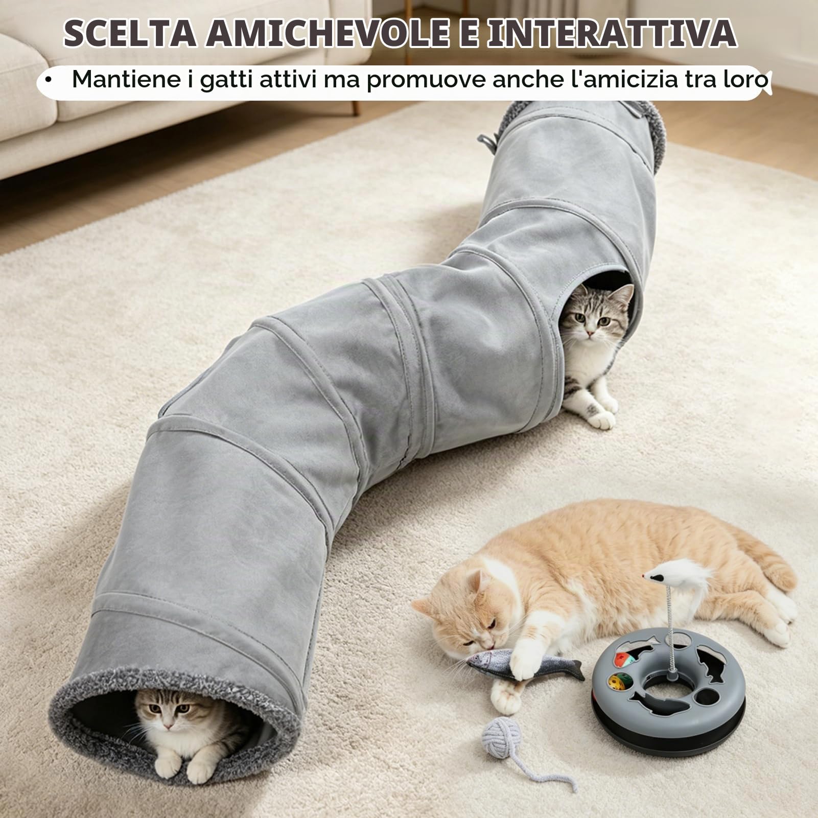 Tunnel per Gatti, Giocattoli per Gatti da Interno Adulti, Set di Giocattoli Interattivi con Palline Rotanti, Bacchetta di Piume, Pesce, Coperta, Accessori per Gatto