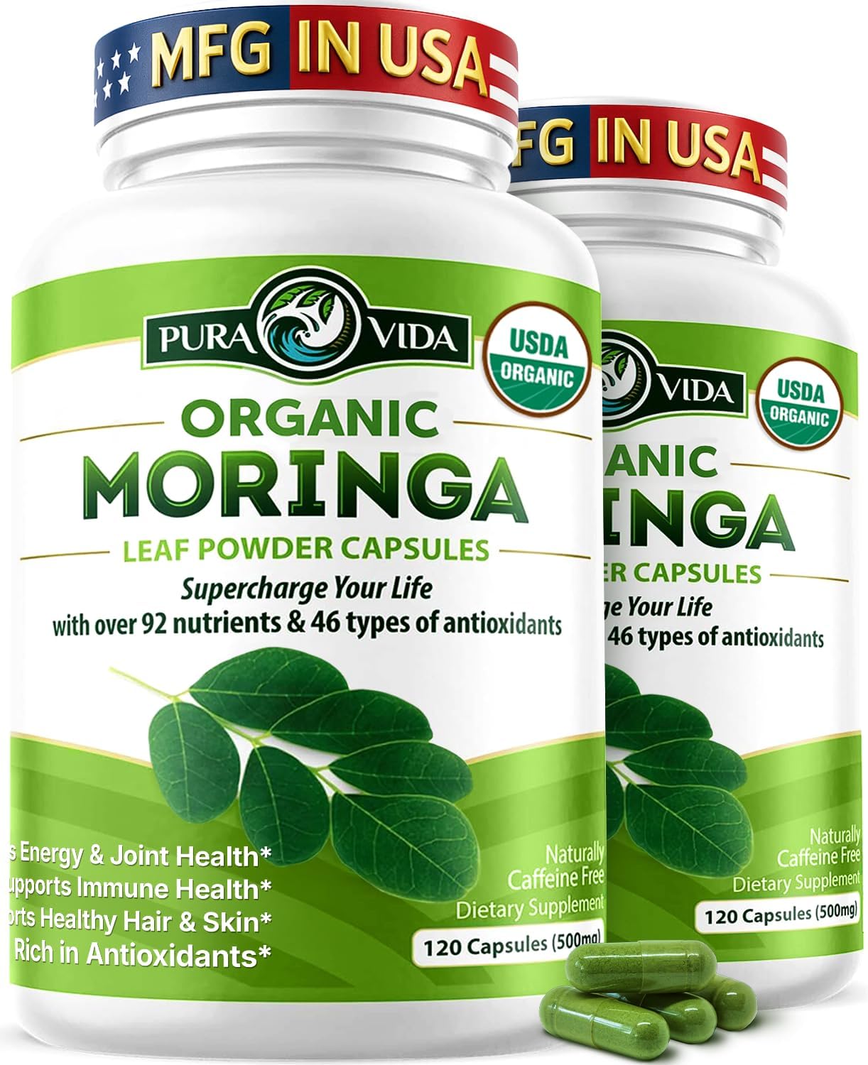 PURA VIDA MORINGA Organic Moringa Capsules Single Origin Moringa Powder Organic. Pure Moringa Leaf. Energy, Metabolism, & Immune Support. 120ct. 500mg Caps (Pack of 2)