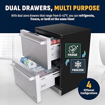 NewAir 24 Dual Zone Outdoor Beverage Fridge and Freezer | Freestanding or Built-In Under counter Refrigerator for Outside Patio | Dual Drawers that Refrigerate and Freeze | Stainless Steel
