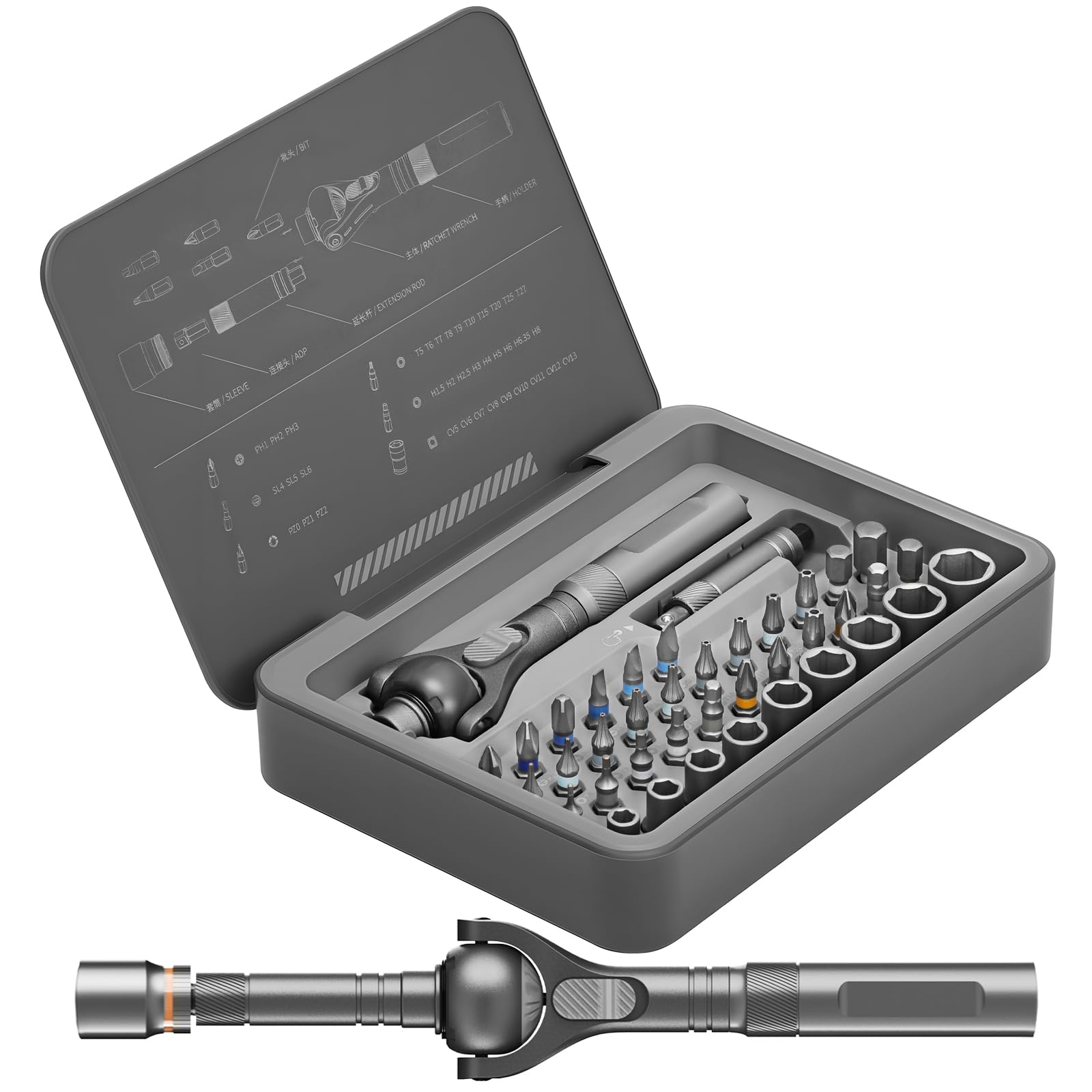40-in-1 Ratschen Schraubendreher Set, Ratschenschraubendreher mit 28 S2 Stahl Bits & 9 CRV Steckschlüssel, Kompakter Aufbewahrungskoffer, Für Elektronik, Möbel, Fahrrad, Haushalt & Präzisionsarbeiten