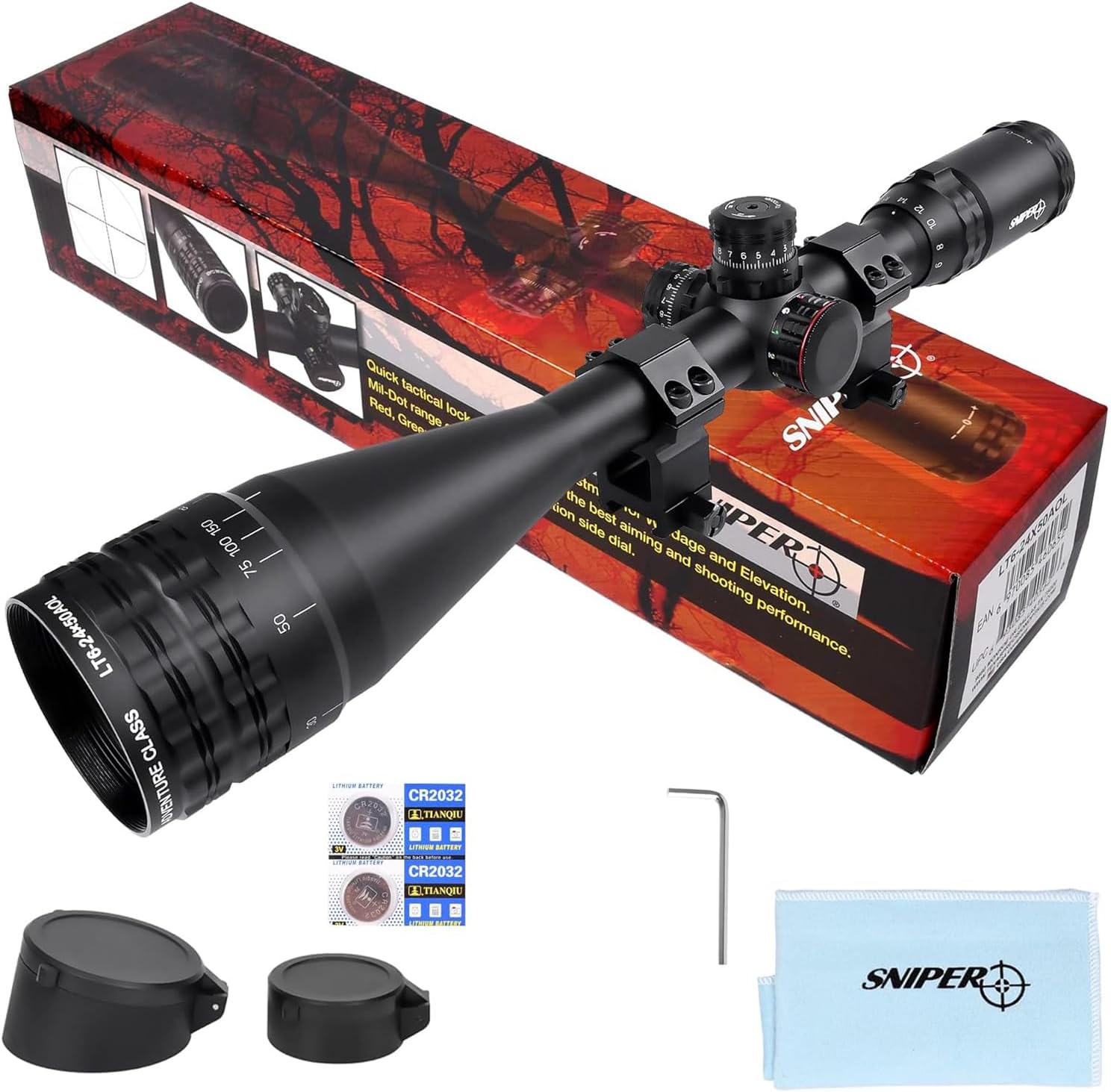 FSI 6-24x50 AO Rifle Scope SFP R/G/B Illuminated Reticle with Scope Rings