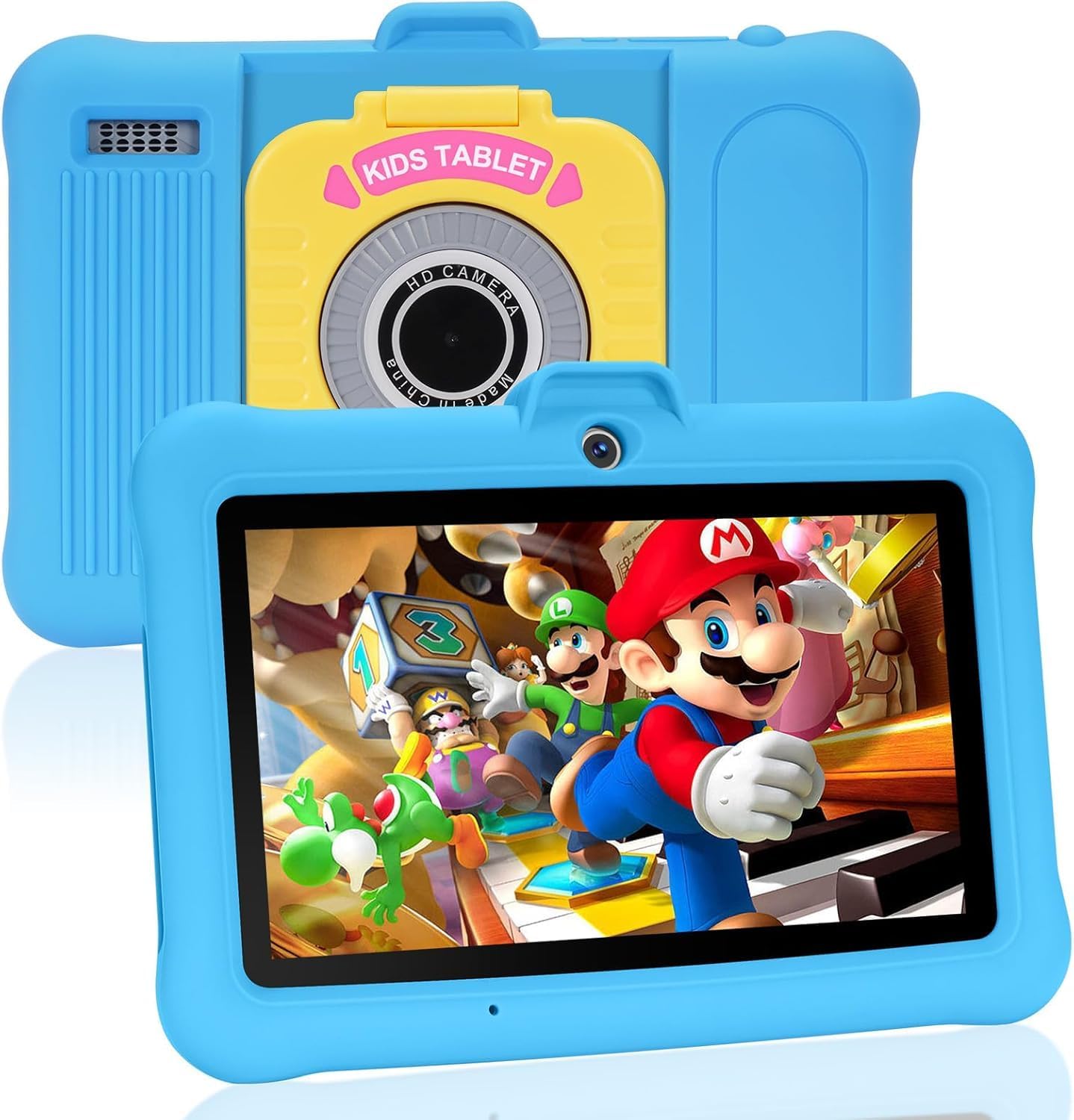 SUMTAB K708 Kids Tablet in blue protective case, displaying a colorful game screen.