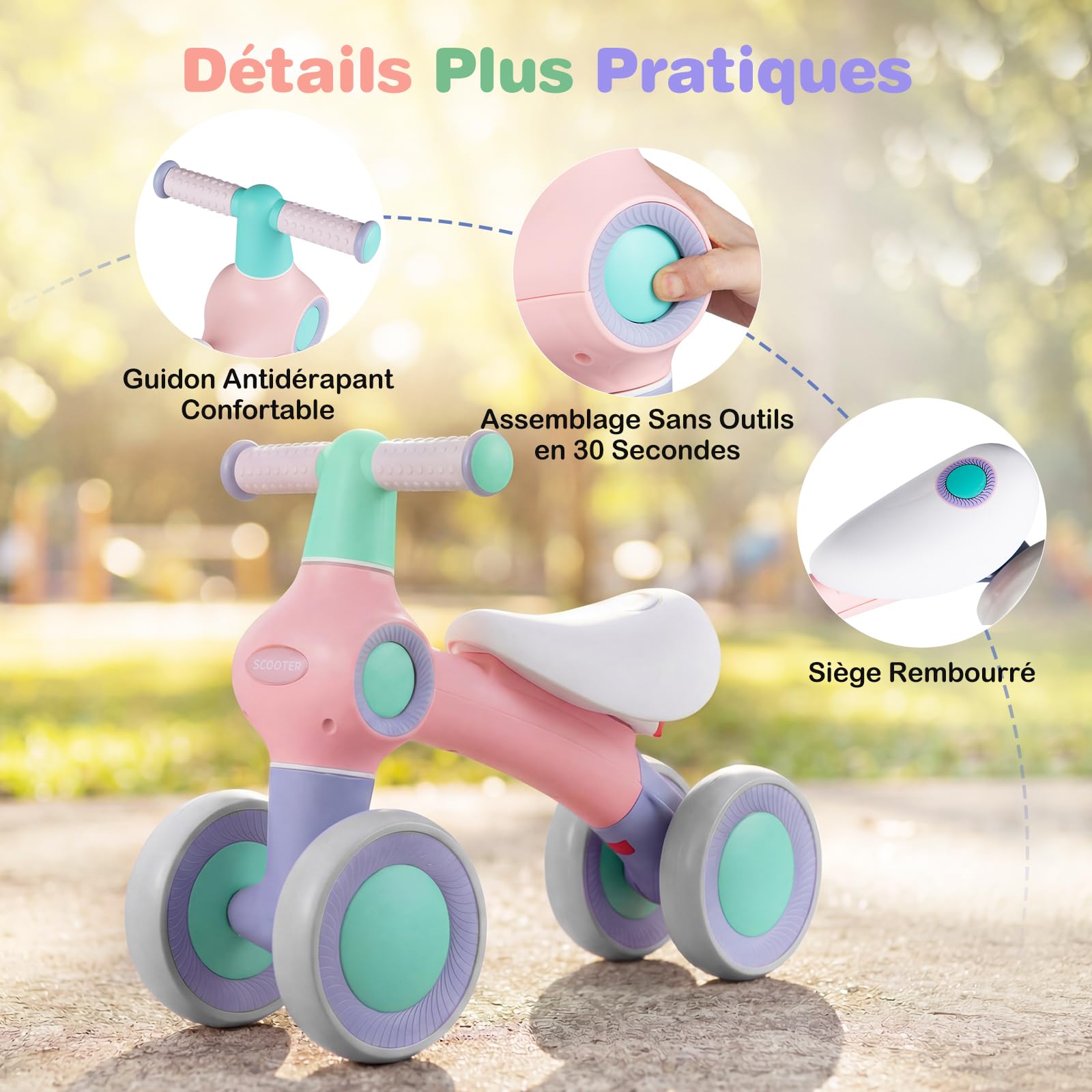 COSTWAY Draisienne Bébé 1 an, Vélo Bébé sans Pédales de 12-36 Mois avec 4 Roues en EVA, Siège Réglable et Guidon, Charge 30 kg, Vélo d'Équilibre pour Garçons Filles, Cadeau Anniversaire Noel
