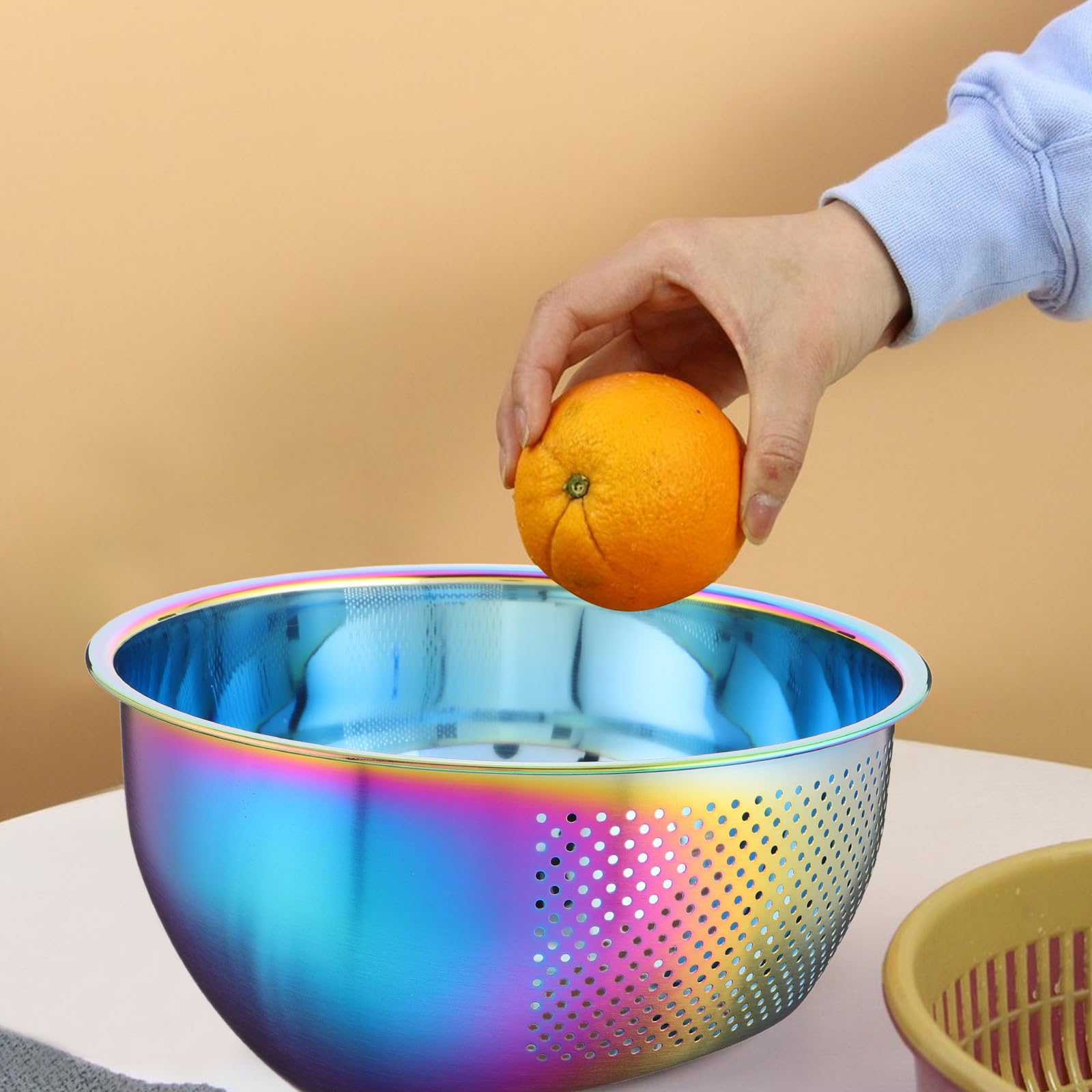 Colador Enjuagador de Arroz de Acero Inoxidable 304, Fondo Inclinado | Gran Capacidad, Drenaje y Limpieza Sencilla, Acabado Iridiscente Elegante para Cocina