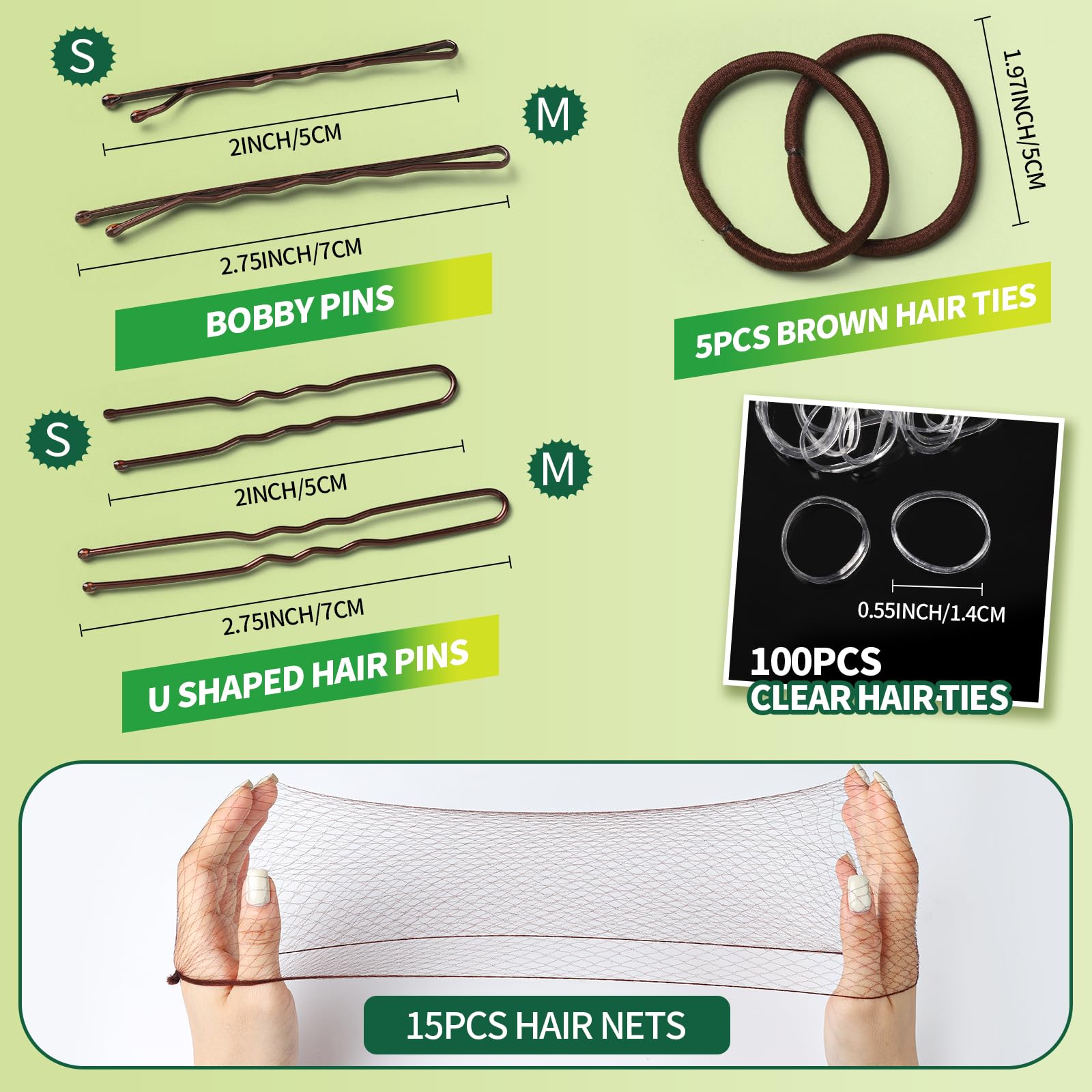 Kit de accesorios para el cabello de baile, material de danza de ballet, redes para el pelo para moños, horquillas marrones, lazos elásticos transparentes para el cabello, para competición de 2