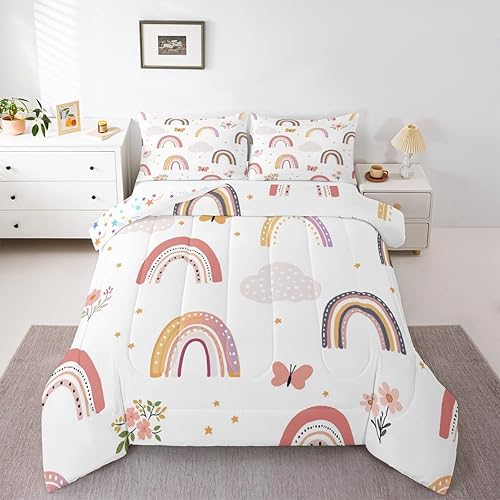 Erosebridal Juego de ropa de cama tamaño individual de arcoíris para niñas, juego de edredón de mariposa de dibujos animados, juego de ropa de cama