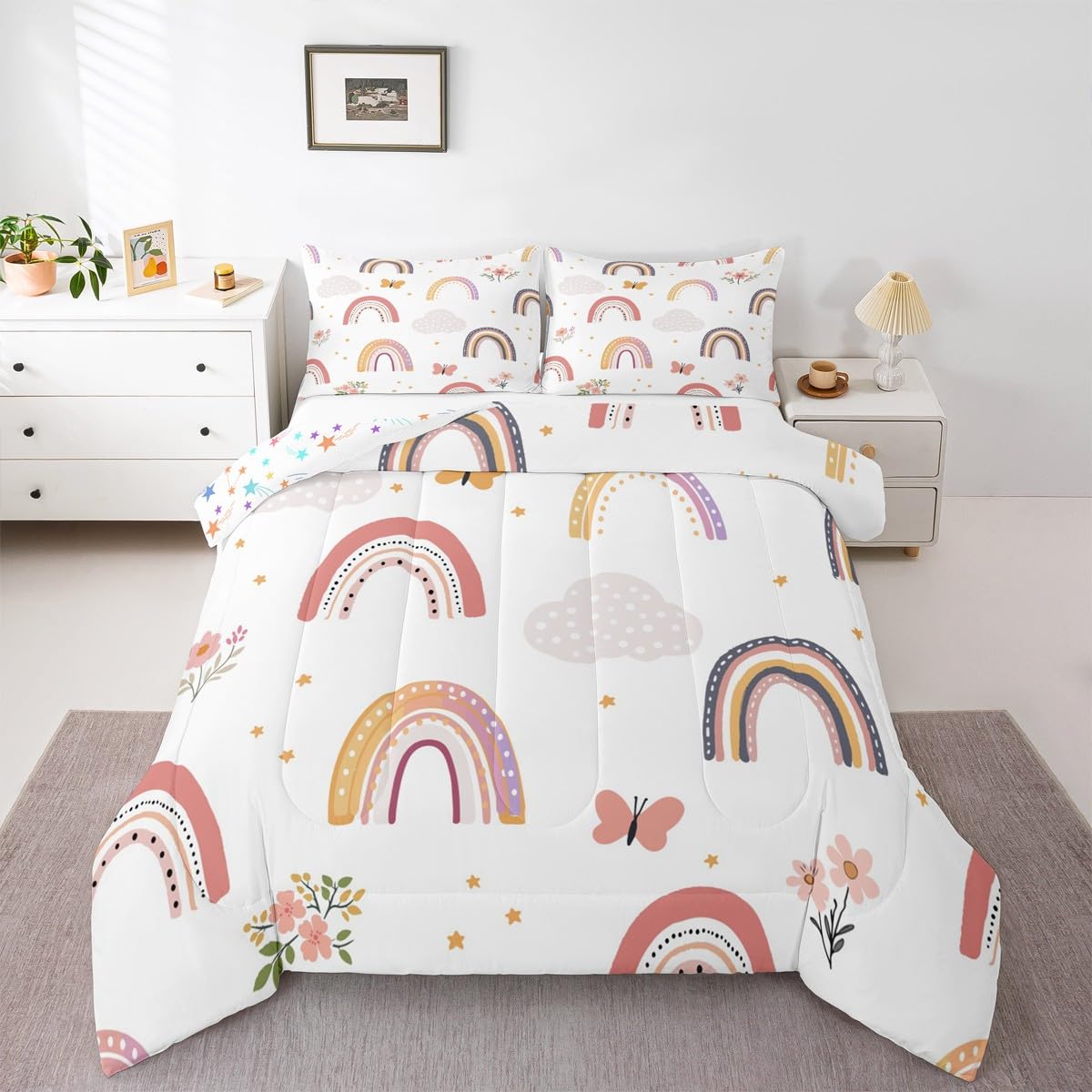 Erosebridal Rainbow Twin Bedding Sets for Girls,Cartoon Butterfly Comforter Set Flower Floral Bedding Set for Kids Girls Children Women,Stars Hand