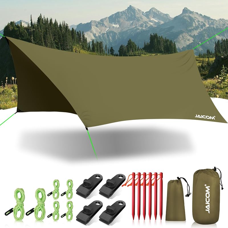 Mosca impermeable para hamaca, lona portátil para acampar de 12 pies x 9,5 pies | Lona grande para campamento con estacas para tienda de campaña, clip para trampa y tensores, refugio ultraligero para mochileros, sombra al aire libre, picnic, PU3000mm