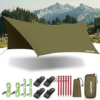 JAICOM Tarp Wasserdicht, 3.6x2.9m Ultraleicht Camping Zeltplane, Anti-UV Sonnen Regen Schutz Schnee, Sonnensegel mit Öse, Nylonseile, Aluminiumstifte, Zelt Clips, für Hängematte Picknick Wandern