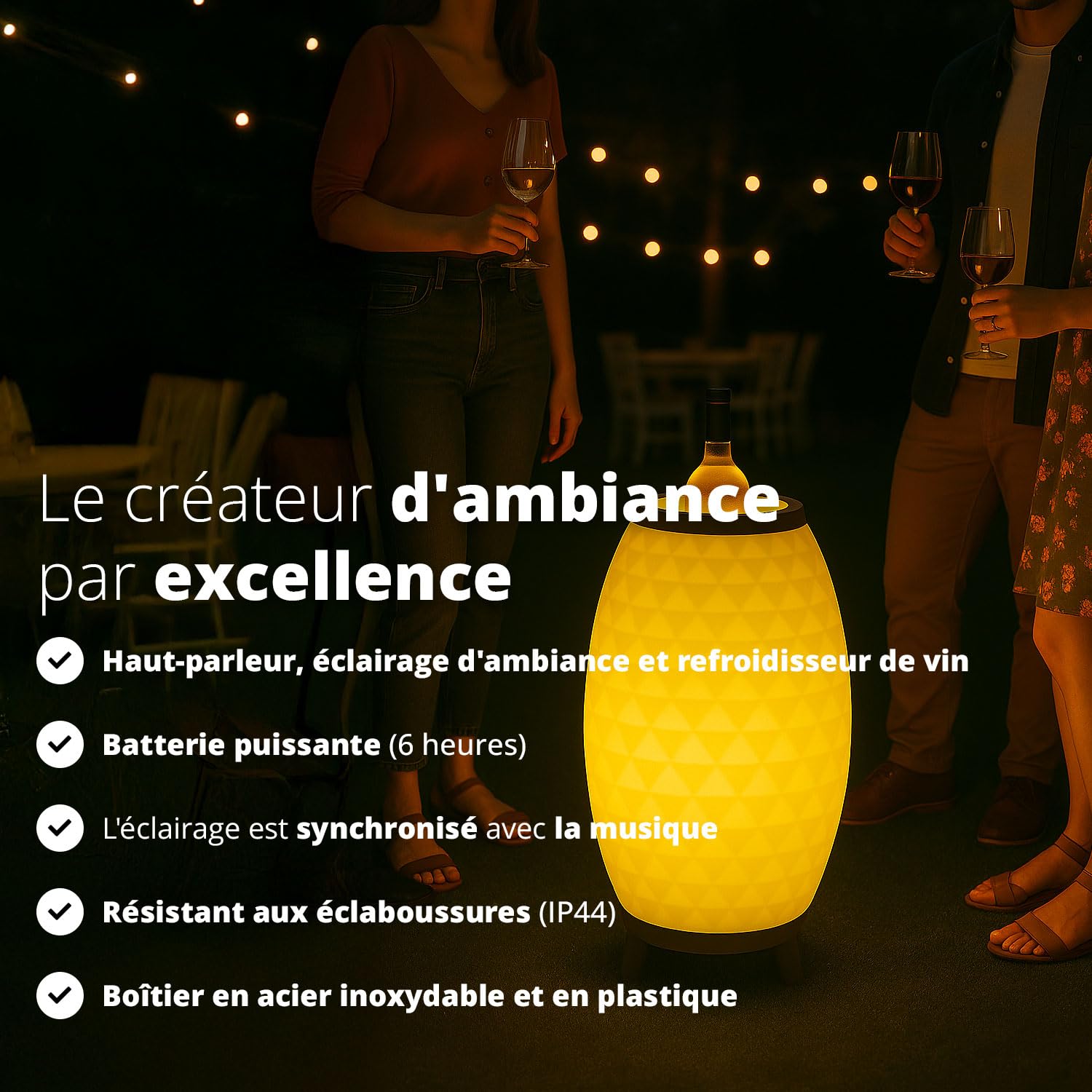 FlinQ Enceinte Bluetooth Bali - Blanc - XL | Enceinte lumineuse avec rafraîchisseur de bouteille | Portable avec lampe | Intérieur et extérieur