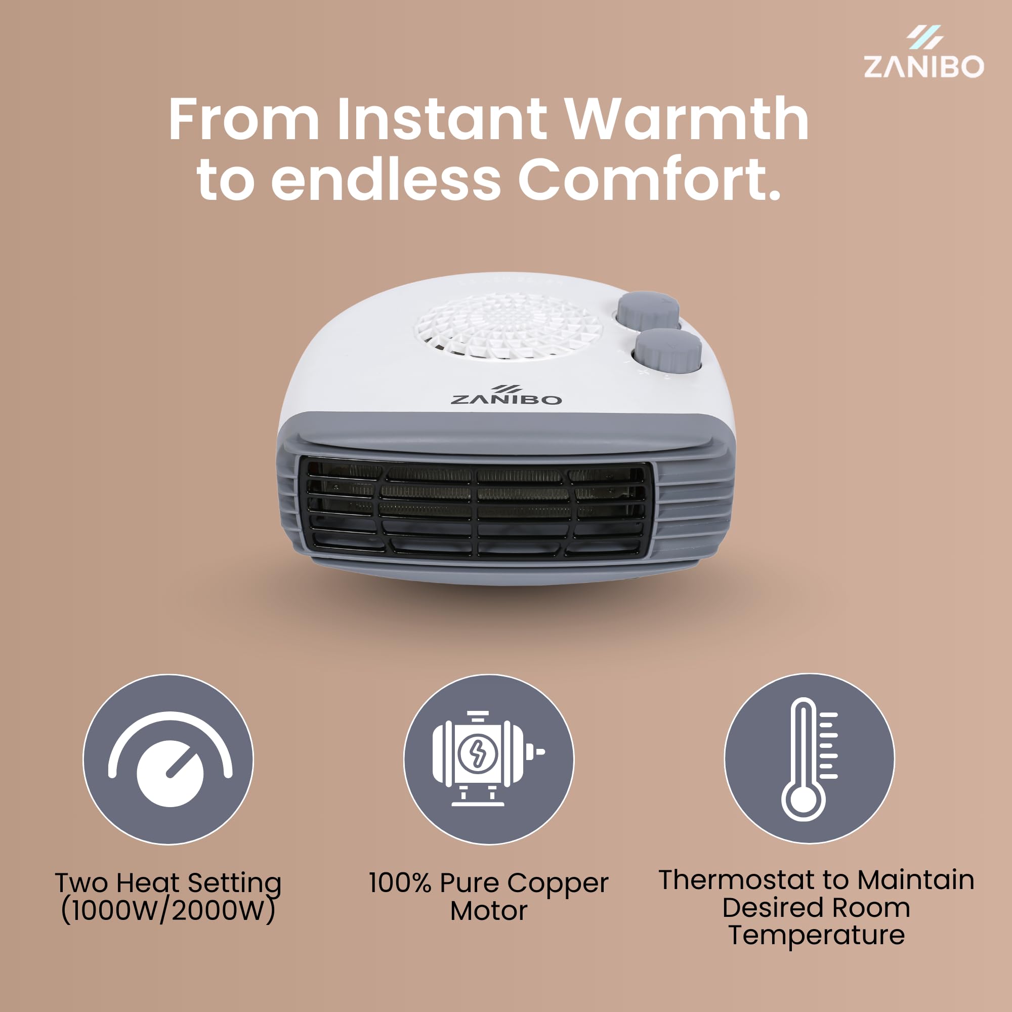 Zanibo | Since 1997 | 2000 Watt Portable Electric Room Fan Heater with 2 Heating Settings (1000/2000W) | Adjustable Thermostat, Overheat Protection | Fast Heating for Office (ZEH-1160) 1