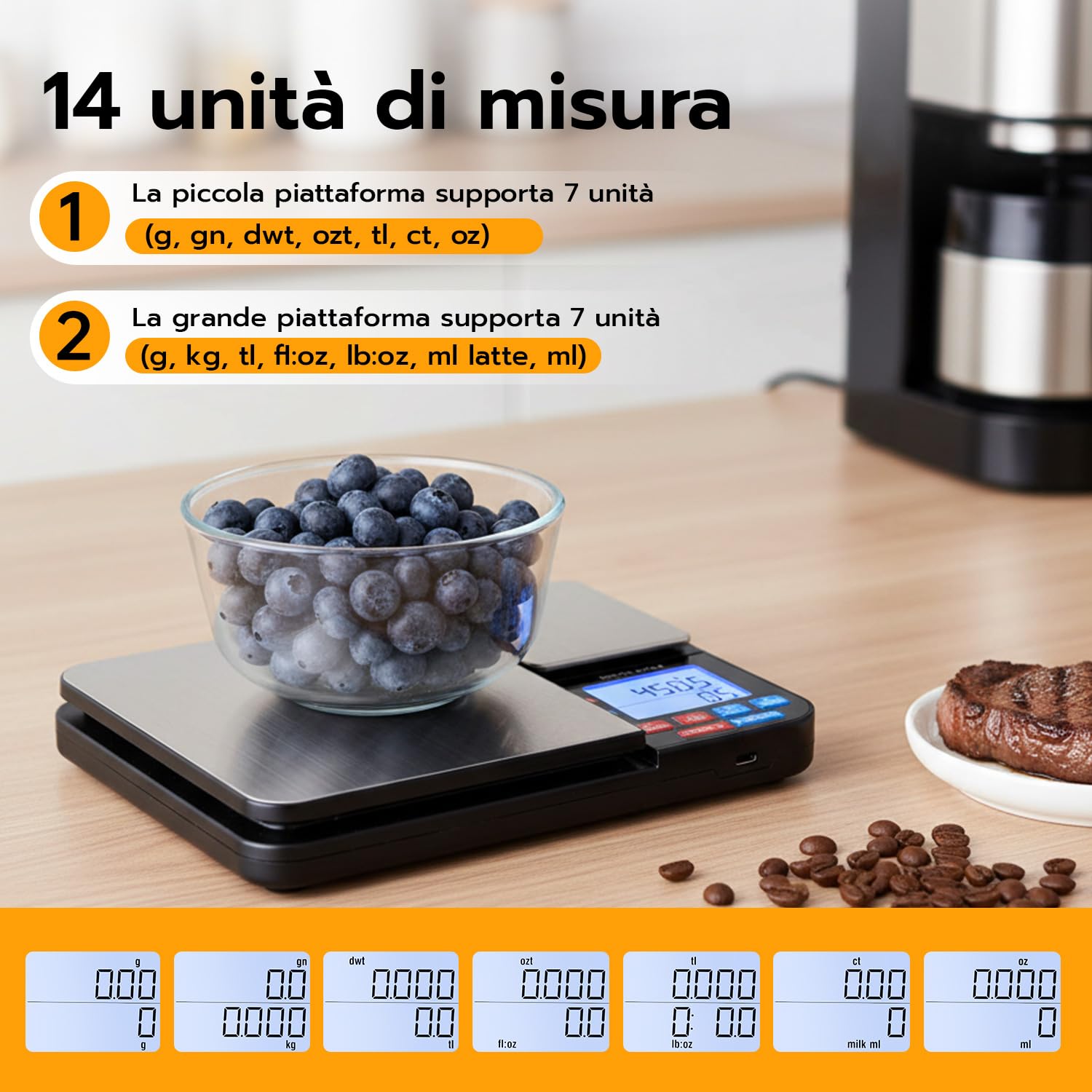 Bilancia da Cucina Digitale con Doppia Piattaforma (10kg/1g e 500g/0.01g), Bilancia per Alimenti Ricaricabile USB/Batterie, 14 Unità, Funzione PCS e Auto-Off per Caffè, Pasticceria e Casa
