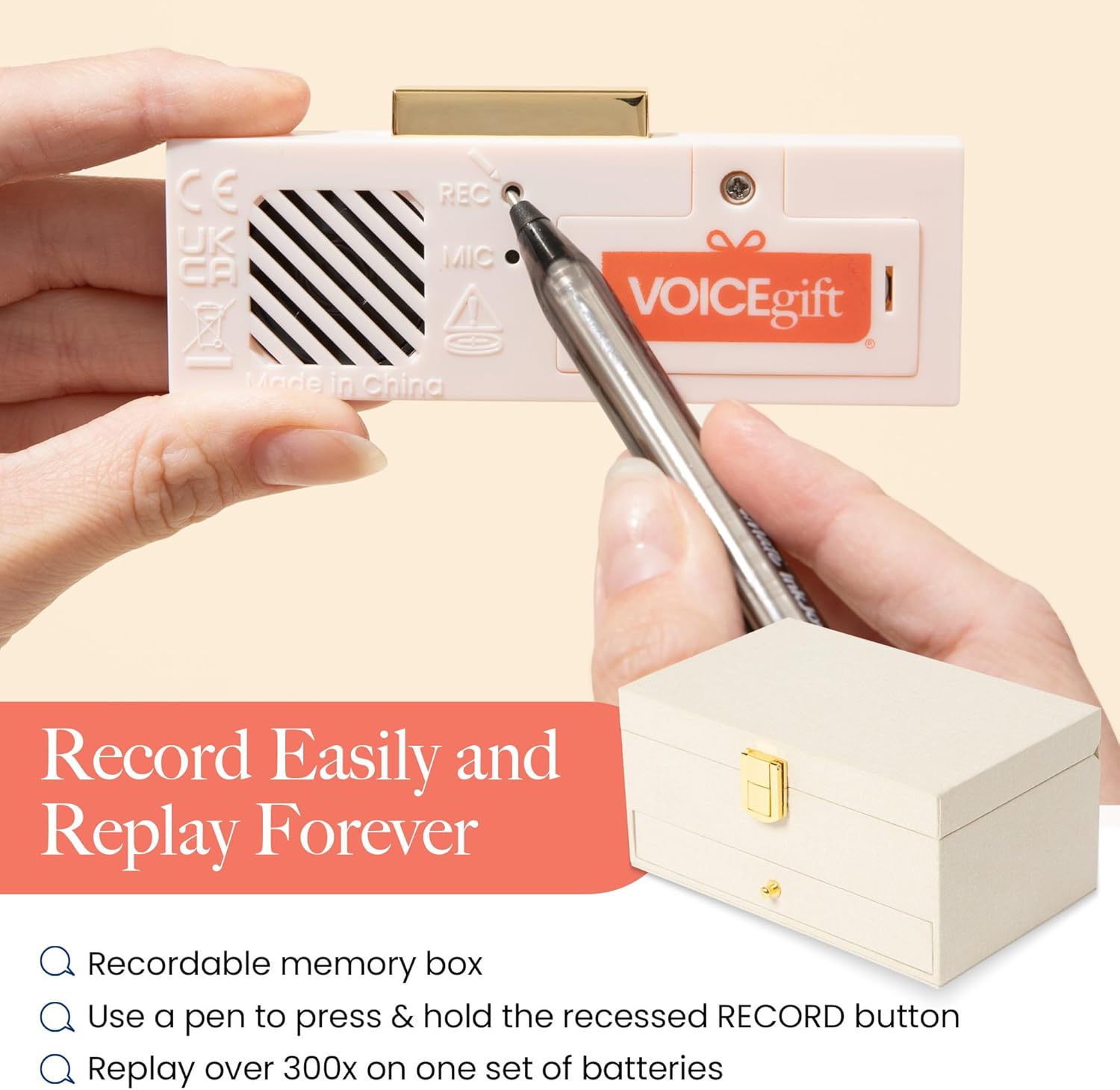 VOICEGIFT Memory Box, Recordable Memory Box with Removable Voice Recorder Module, Decorative Keepsake Box for Photos & Jewelry, Record and Re-record 60-Second Personal Messages | Natural