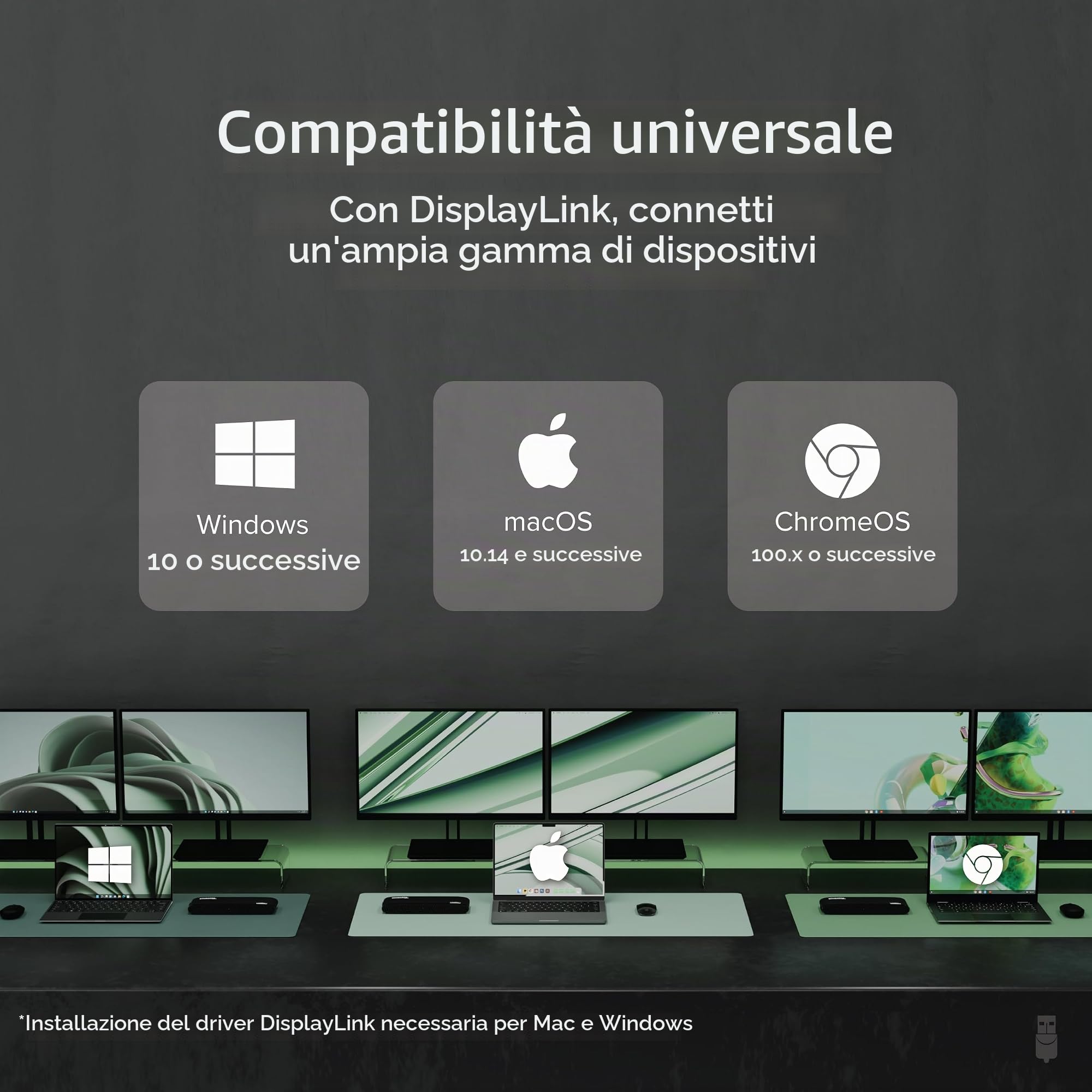 Plugable USB 3.0 Docking Station Orizzontale Doppio Monitor per Windows e Mac (Doppio Video HDMI e DVI/VGA, Gigabit Ethernet, Audio, 6 Porte USB)