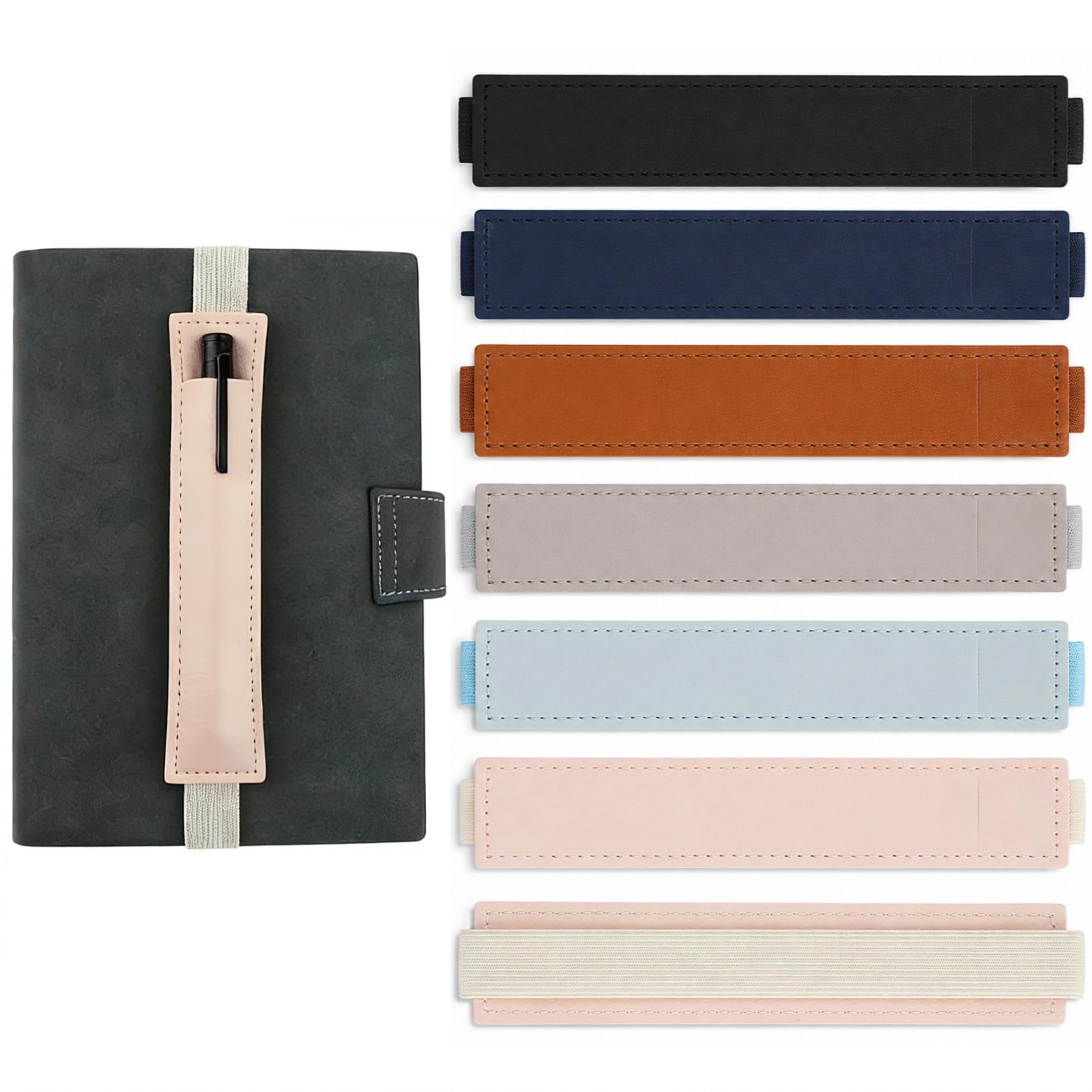 Trifletopia 6 Pack Pen Holders for Notebooks - Adjustable Elastic PU Leather Pen Loop Pouches for Journals, Planners, Binders and Books, Detachable Pen Sleeves, 6 Colours
