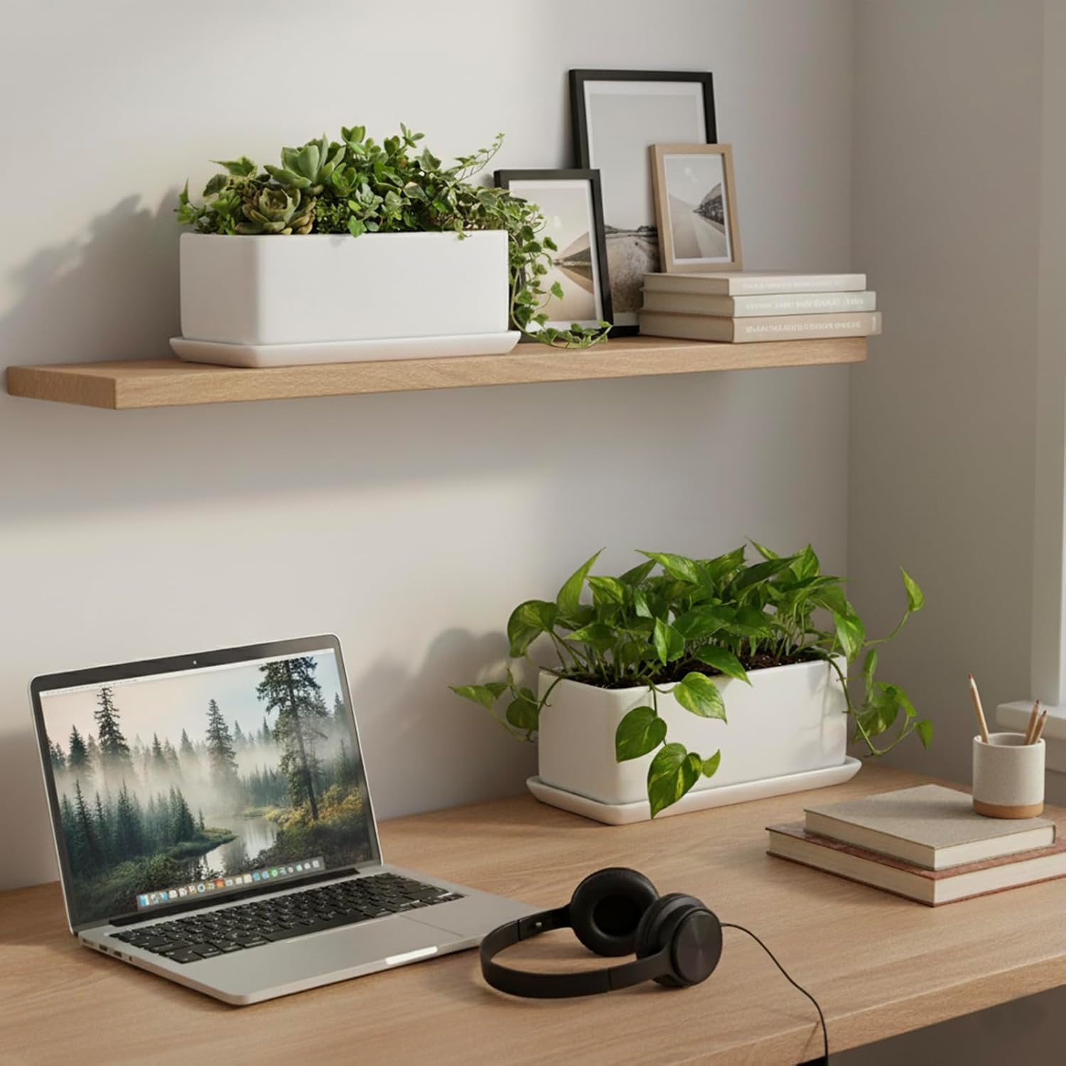 MyGift 10 Inch Modern Unglazed White Ceramic Indoor Plant Pot with Drainage Hole, Rectangular Succulent Planter Window Box with Removable Saucer, 2 Pack