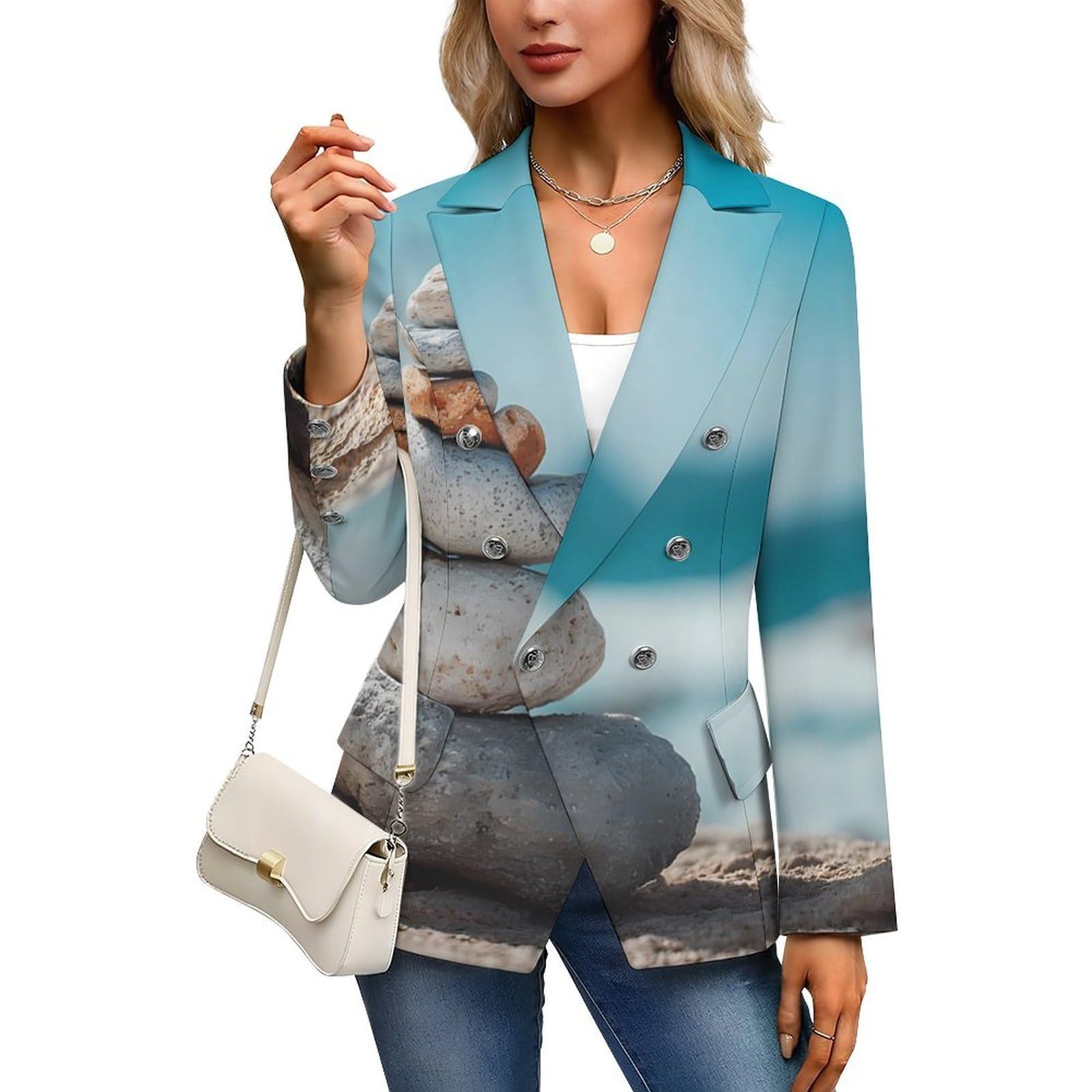 Rock Tower Overlooking Lake Blazer da donna con risvolto giacca elegante per abbigliamento formale casual