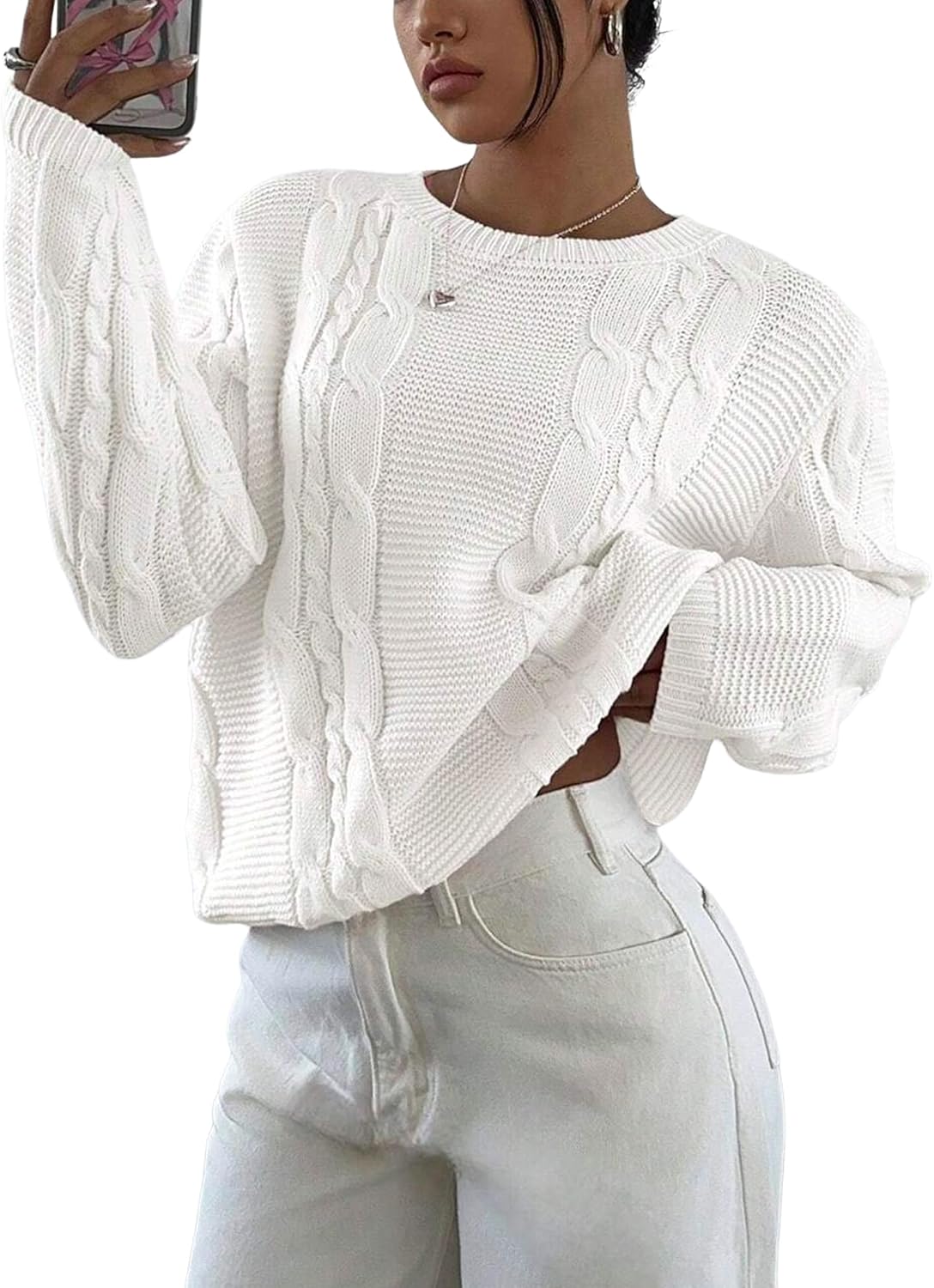 ZAFUL Women's Crewneck Pullover Sweater Cable Knit Casual Long Sleeves Ribbed Knit Sweater Jumper Tops