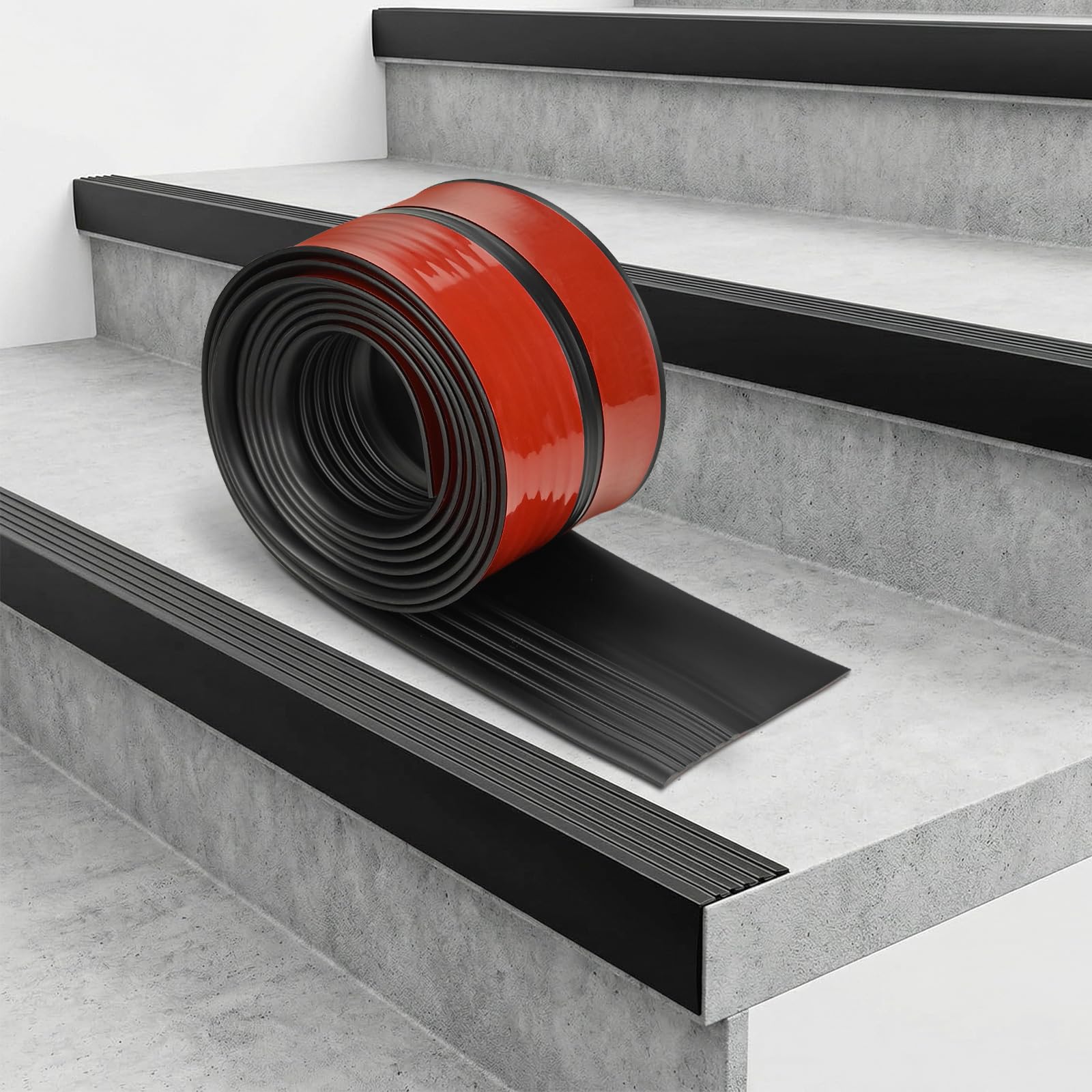 Stair Anti Slip Nosing, 3M Vinyl Stair Nosing Edge Trim, Non-Slip Self Adhesive Staircase Step Edge Protector, Flexible PVC Rubber Treads Edge Trim for Outdoor Indoor Stair (3M, Black)