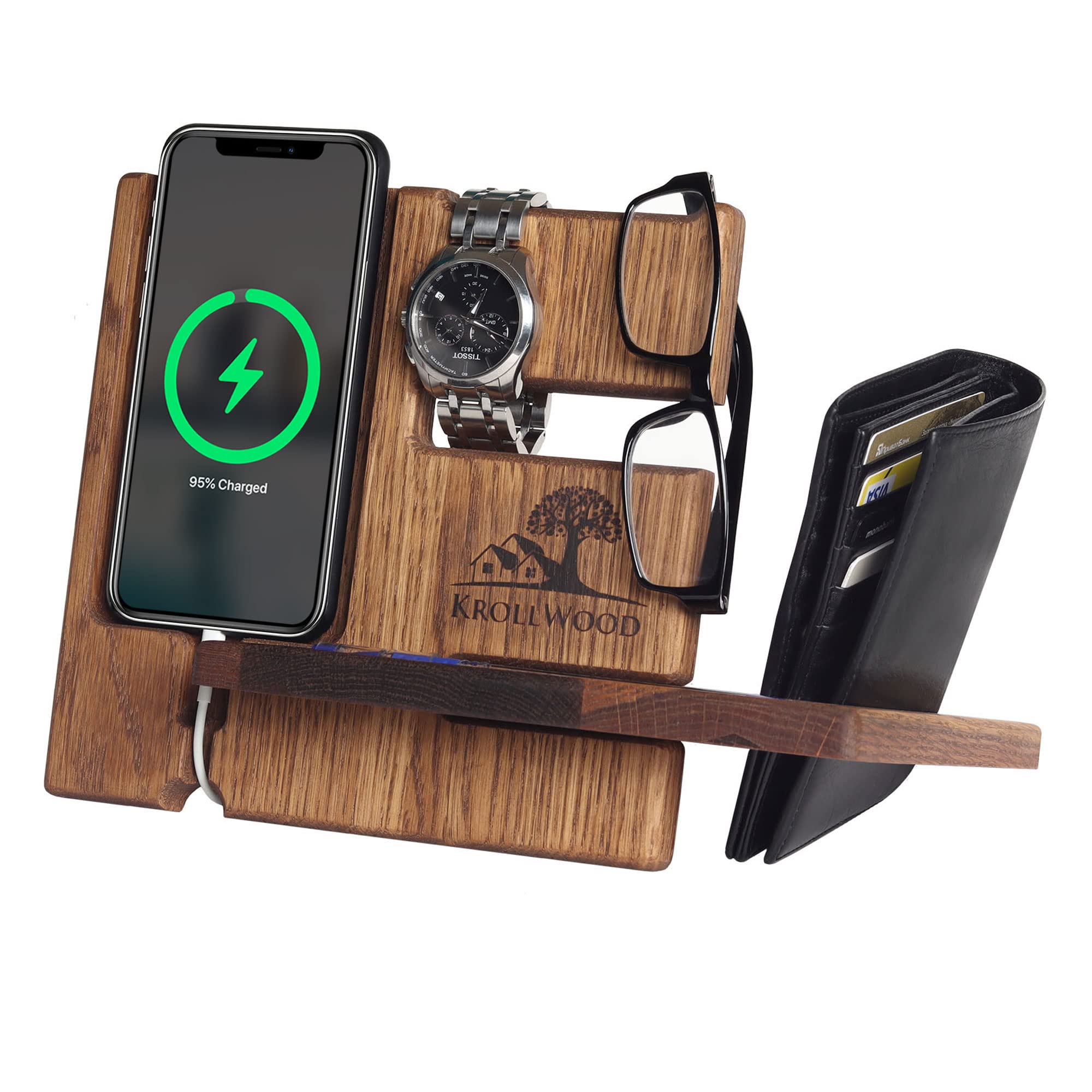 KROLLWOOD Docking Station for Men – Natural Oak Wood Docking Station – Multifunctional Nightstand Organizer for Men – Handcrafted and Highly Durable – Ideal for Phone, Watch, Jewelry, Keys