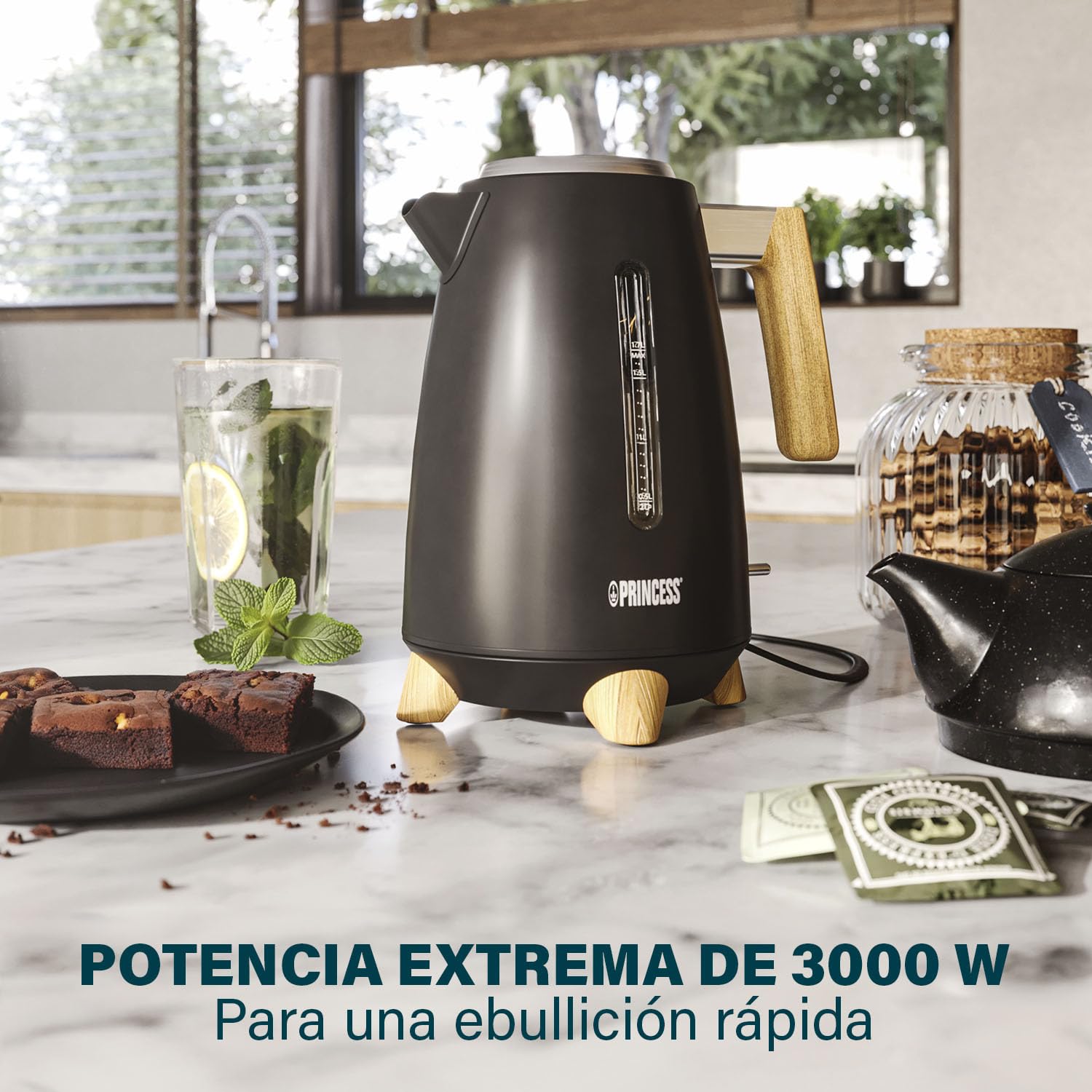 Hervidor Princess Pure - 1,7 L - Diseño de bambú - Giratorio 360° - 3000 W - Negro mate