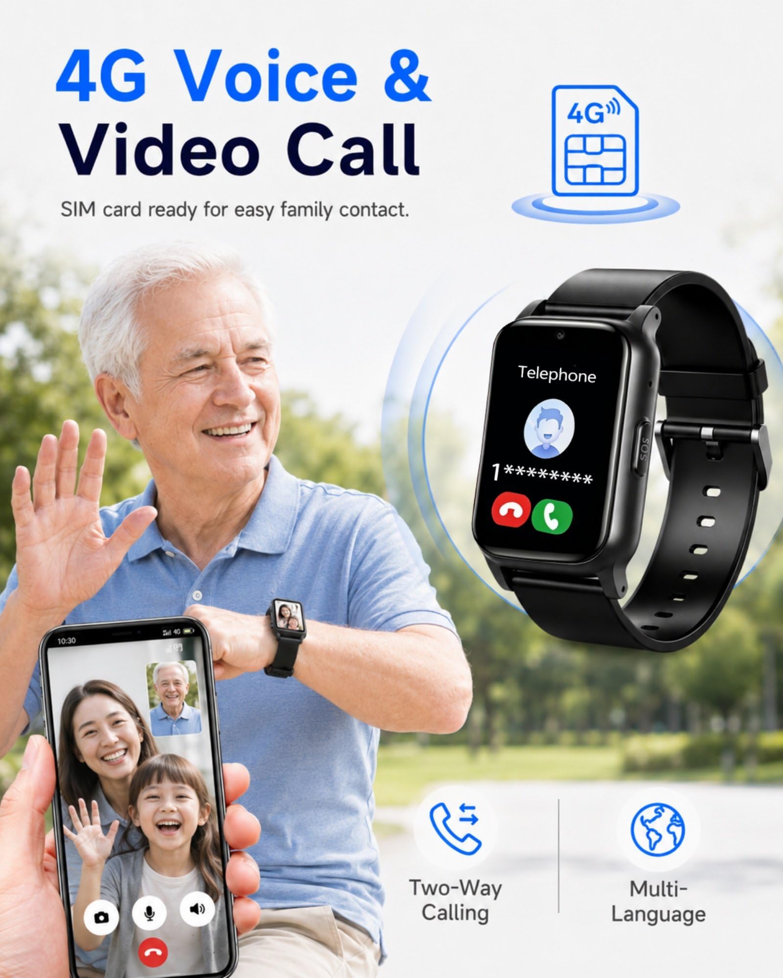 Localizzatore GPS Anziani con Smartwatch 4G, Scheda SIM, SOS, Chiamata Emergenza, Rilevamento Caduta, Promemoria Personalizzati Black