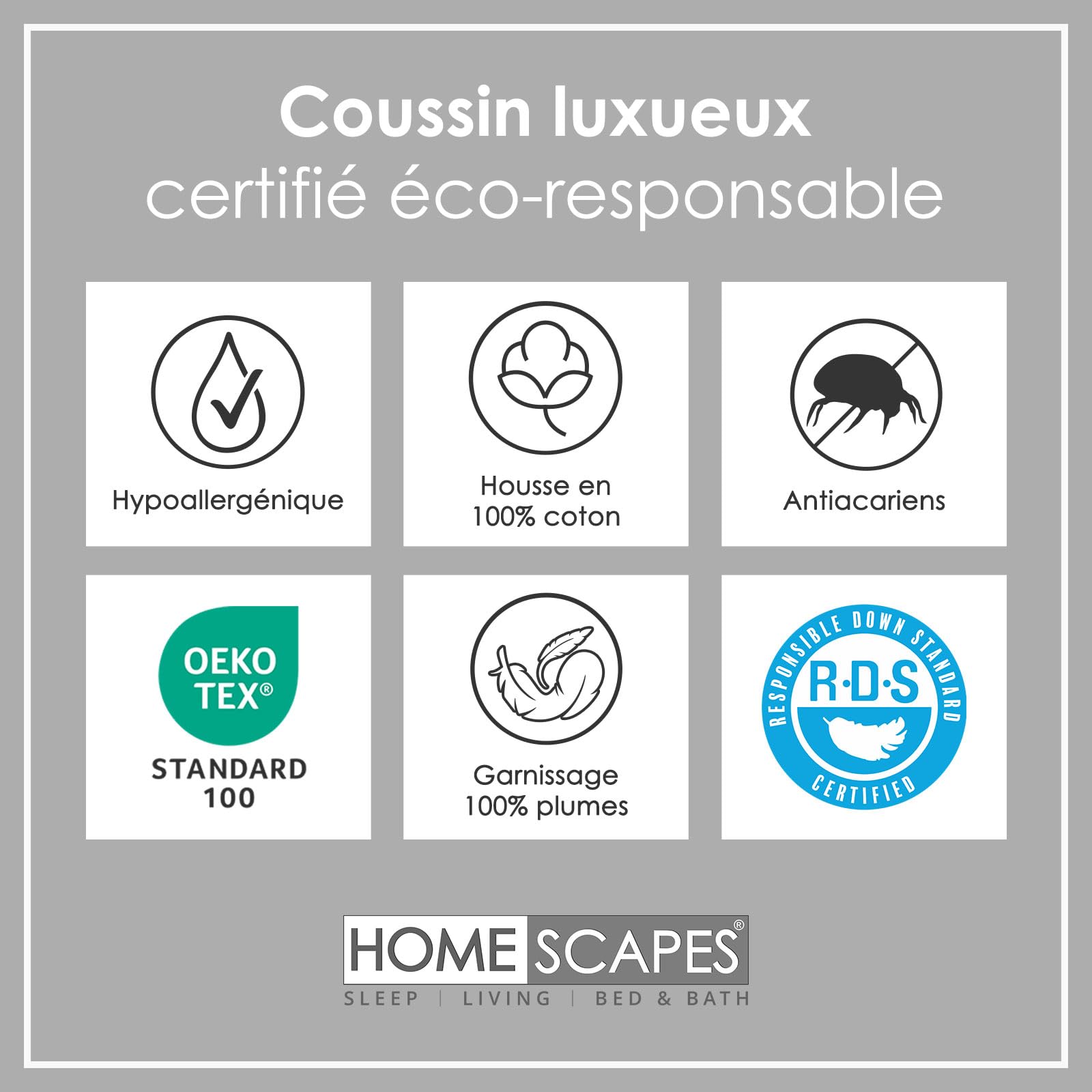 HOMESCAPES Lot de 2 Oreillers en Plumes de Canard et Coton, 65 x 65 cm, Oreillers Naturels Moelleux Hypoallergénique Anti-acariens