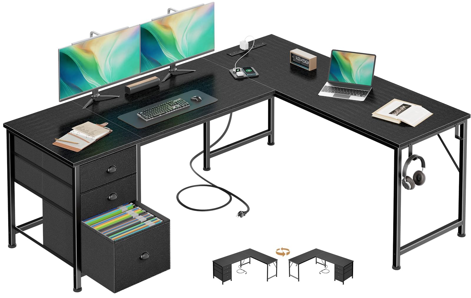 63" L-Shaped Desk with Power Outlets & USB-C