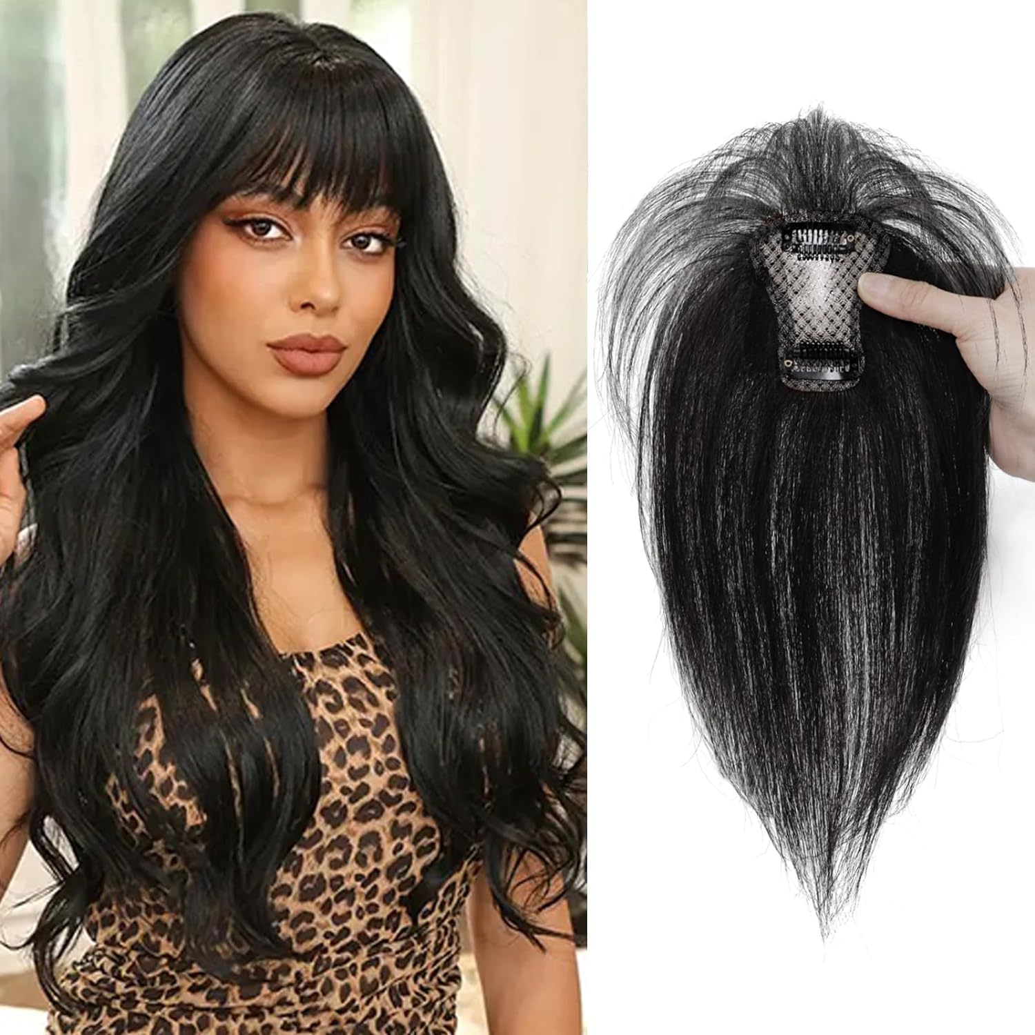 Clip in Bangs, Bangs Hair Clip Hair Toppers for Women 100% Real Human Hair, Bangs Clip in Hair Extensions 360° 3D Cover French Fake Clip on Bangs for Women (Natural Black)