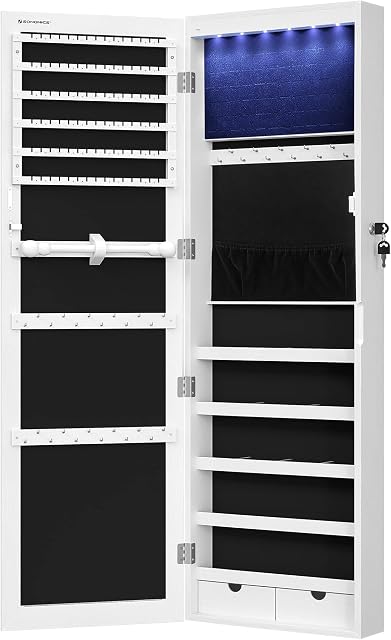 SONGMICS Jewellery Cabinet Armoire, Lockable Wall-Mounted Storage Organiser Unit for Necklace Earring, with Mirror and Various Compartments, White JBC93W