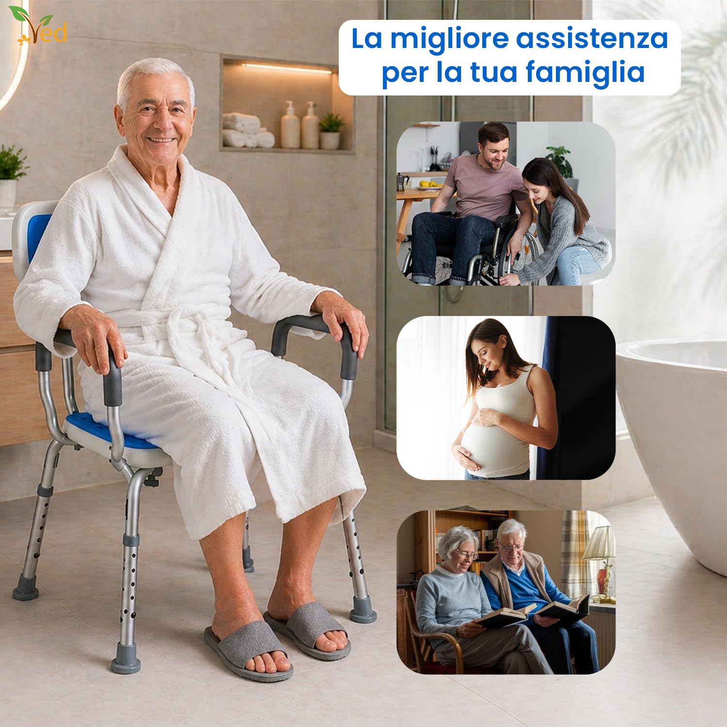 VED Sedia da Doccia Regolabile in 6 Altezze con Braccioli Imbottiti e Piedini Antiscivolo per Anziani, Disabili e Donne Incinte, Capacità 150 kg