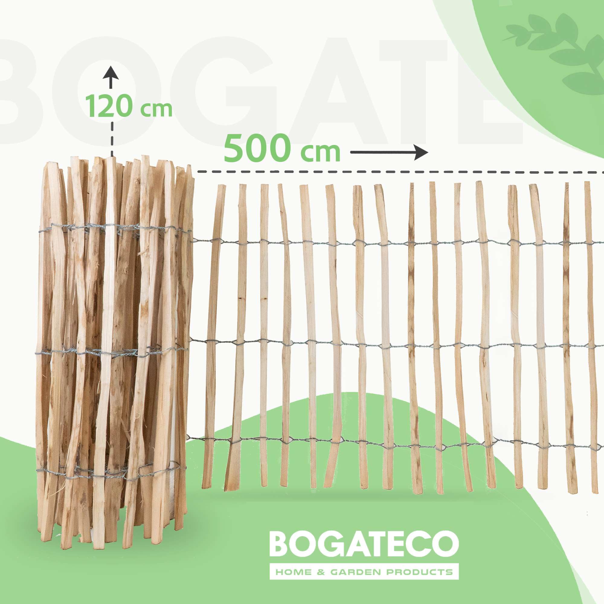 BOGATECO Valla de estacas de madera de avellana, 120 x 500 cm, con postes de 150 cm, distancia entre láminas de 7 a 8 cm, perfecta como valla de jardín, valla de madera, postes duraderos